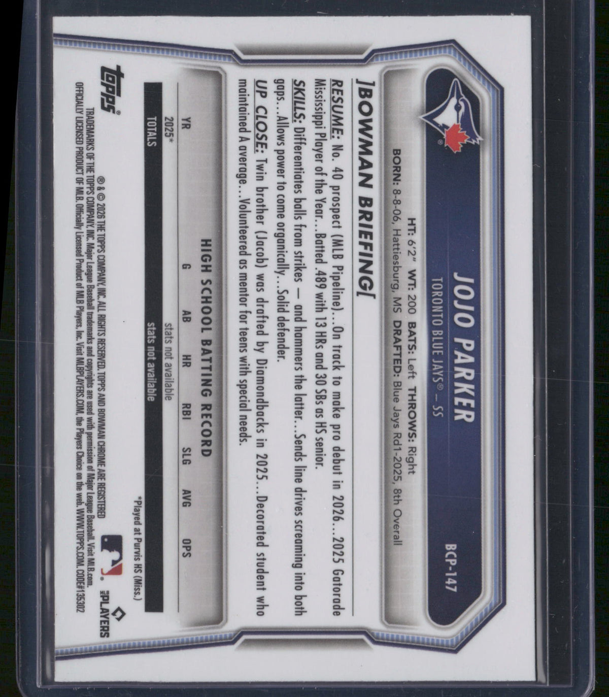JoJo Parker 2025 Bowman Chrome #BCP-147 Green Shimmer /99