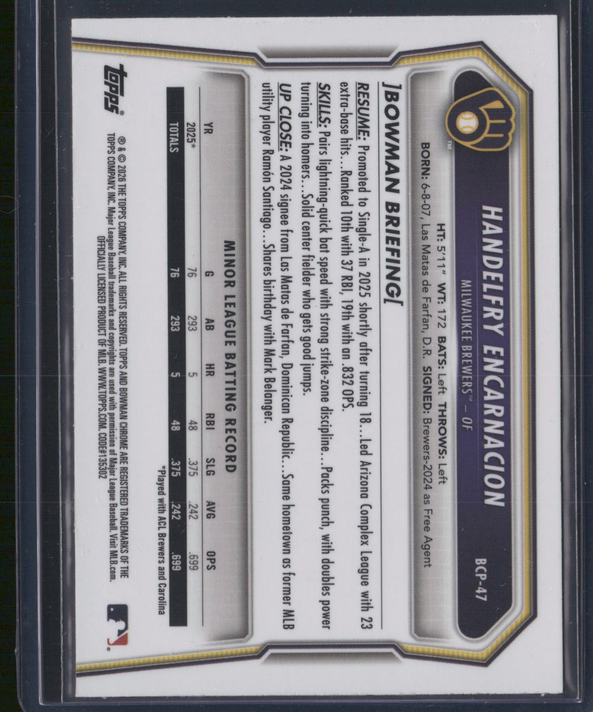 Handelfry Encarnacion 2026 Bowman Chrome #BCP-47 Yellow Geometric /75 1st Bowman