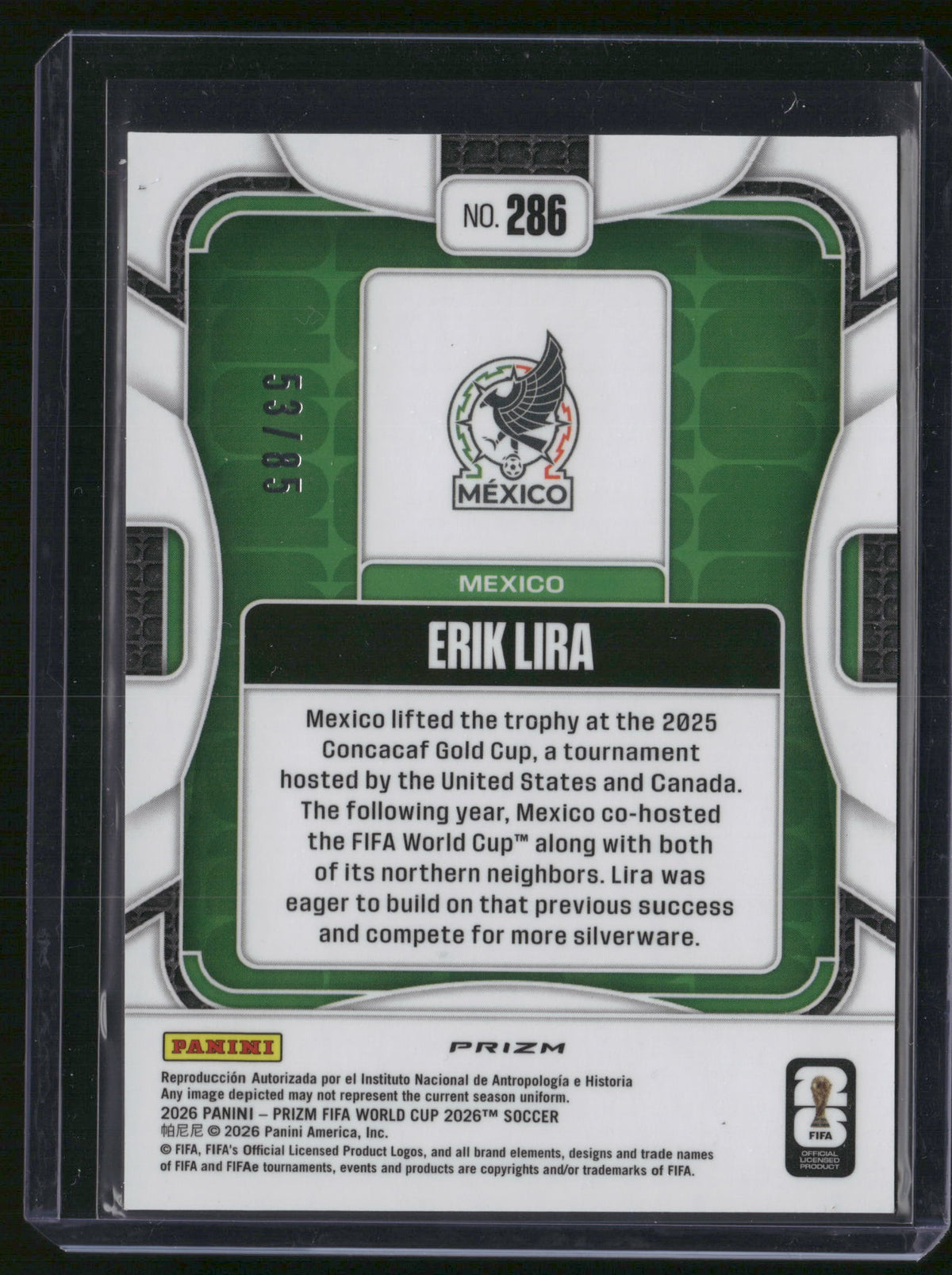 Erik Lira 2026 Panini Prizm FIFA World Cup #286 /85 RC