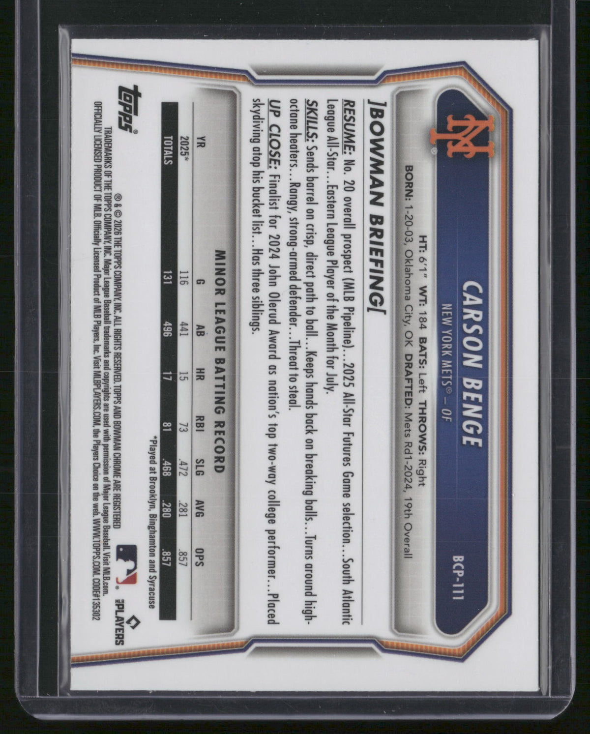 Carson Benge 2026 Bowman Chrome #BCP-111 Green Shimmer /99