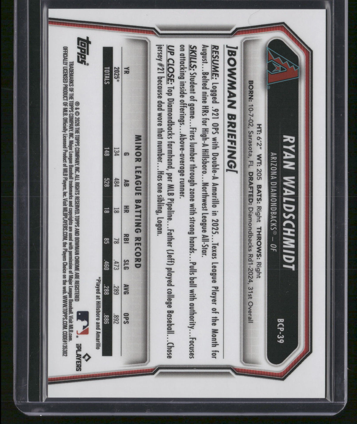 Ryan Waldschmidt 2025 Bowman Chrome #BCP-39 Gold Sapphire Refractor /50