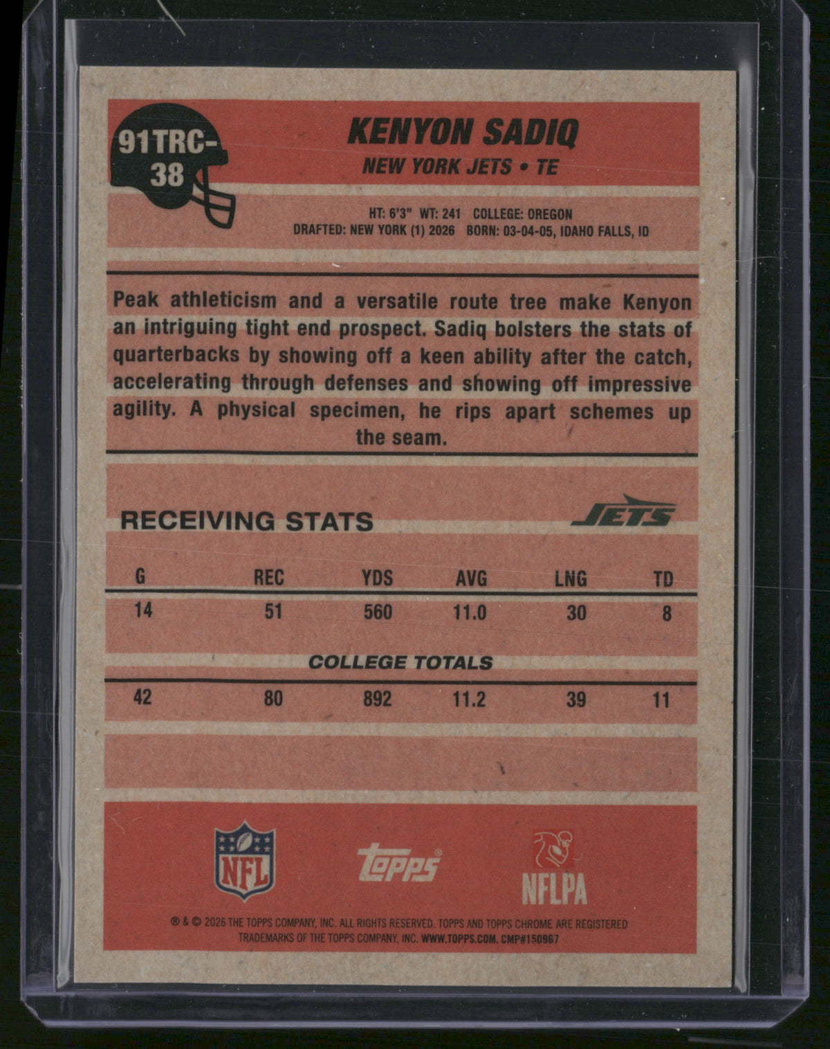 Kenyon Sadiq 2026 Topps Chrome #91TRC-38 Green Mojo Refractor /99 RC