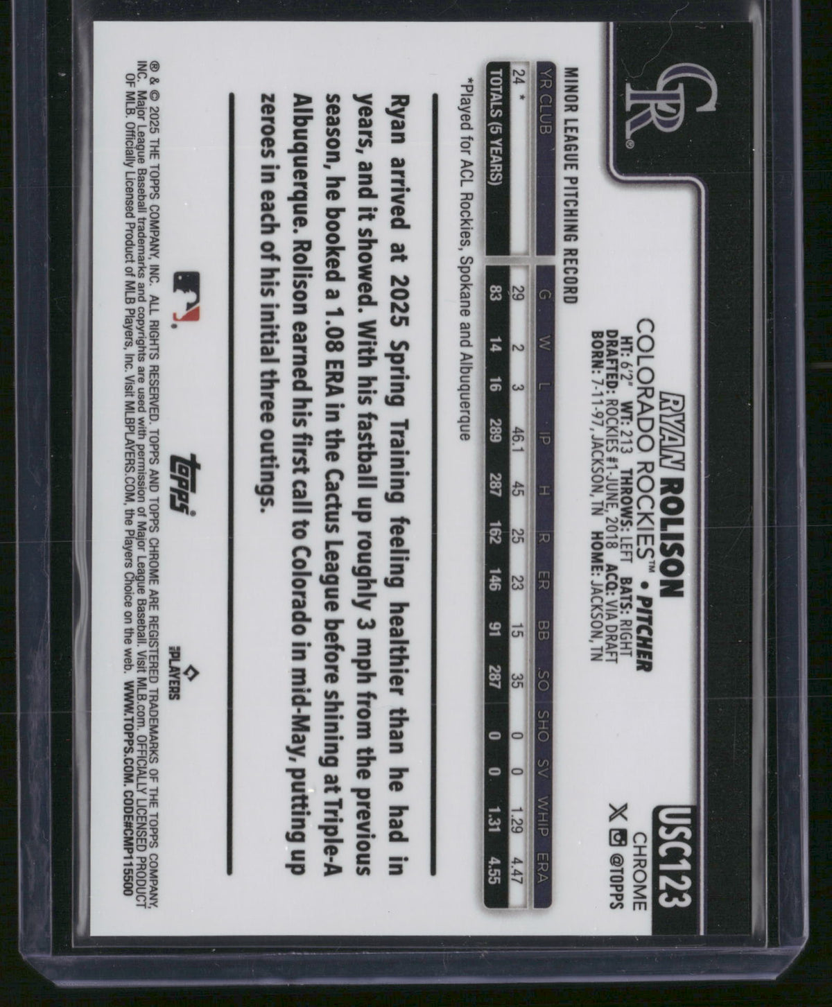 Ryan Rolison 2025 Topps Chrome Update Series #USC123 /10 RC