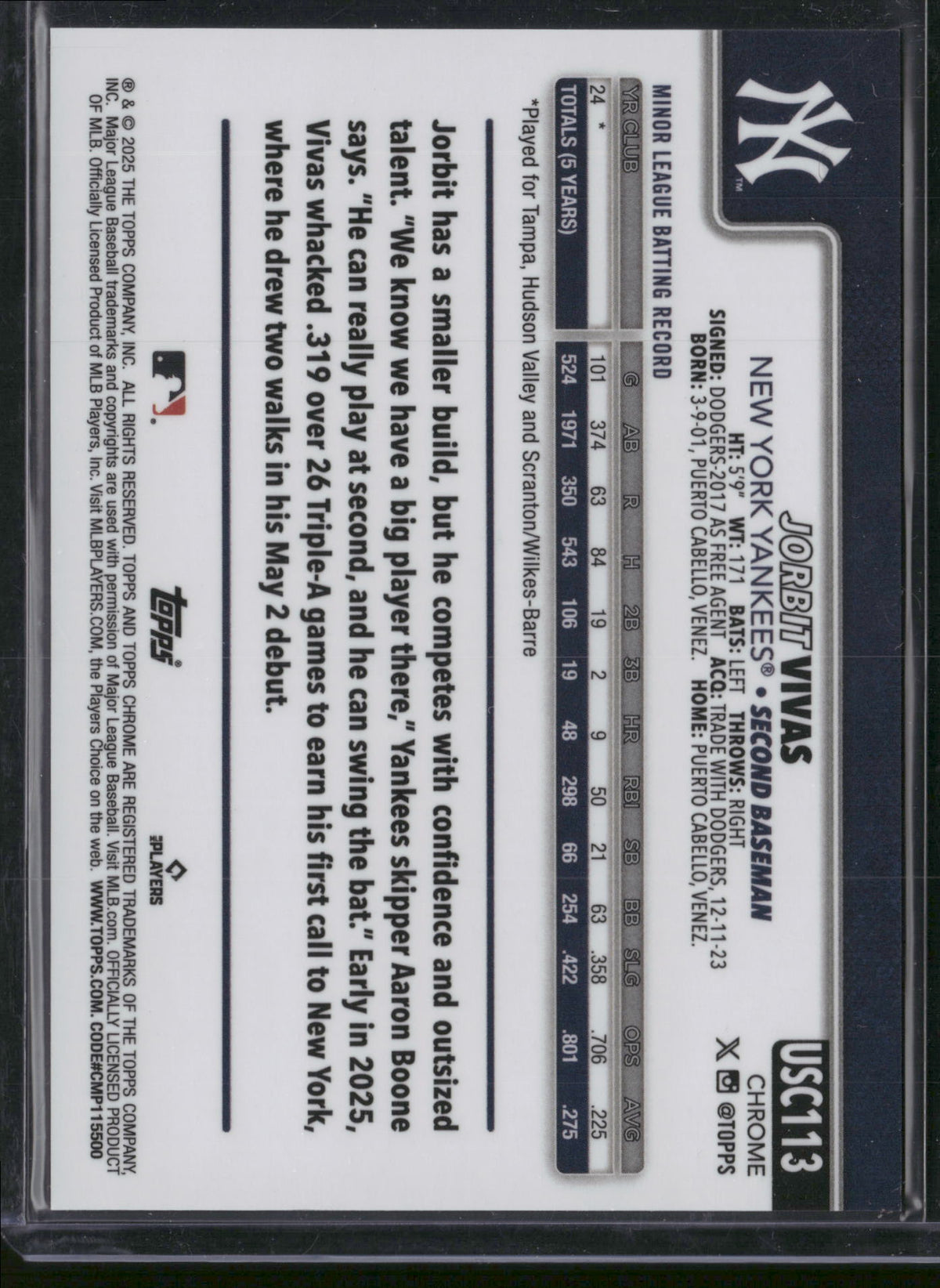 Jorbit Vivas 2025 Topps Chrome Sapphire #USC113 Black /10 RC