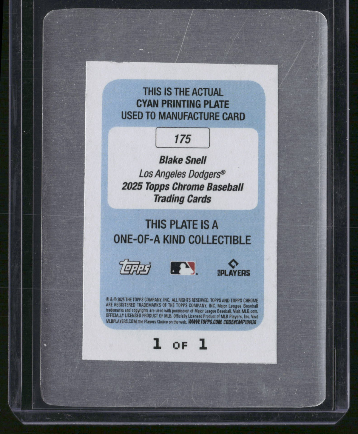 Blake Snell 2025 Topps Chrome #175 Cyan Printing Plate Printing Plate