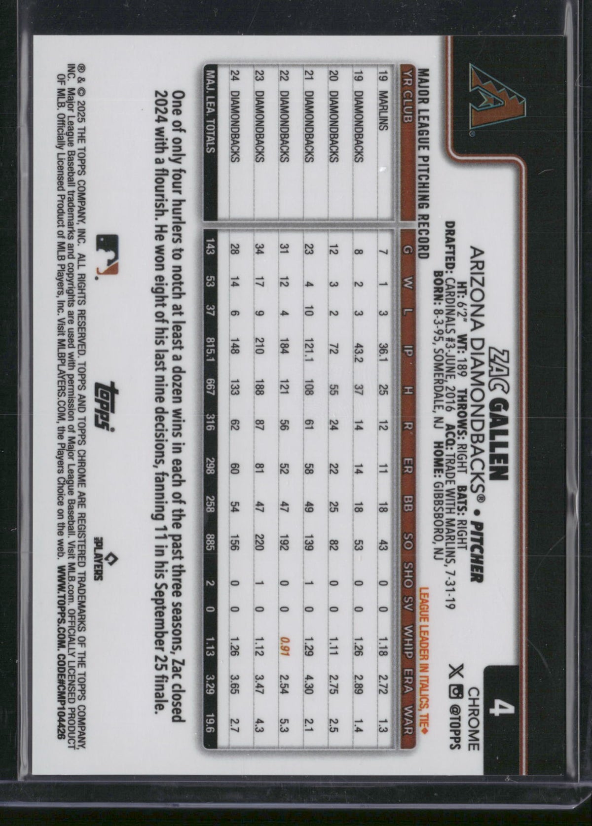 Zac Gallen 2025 Topps Chrome #4 Black /10
