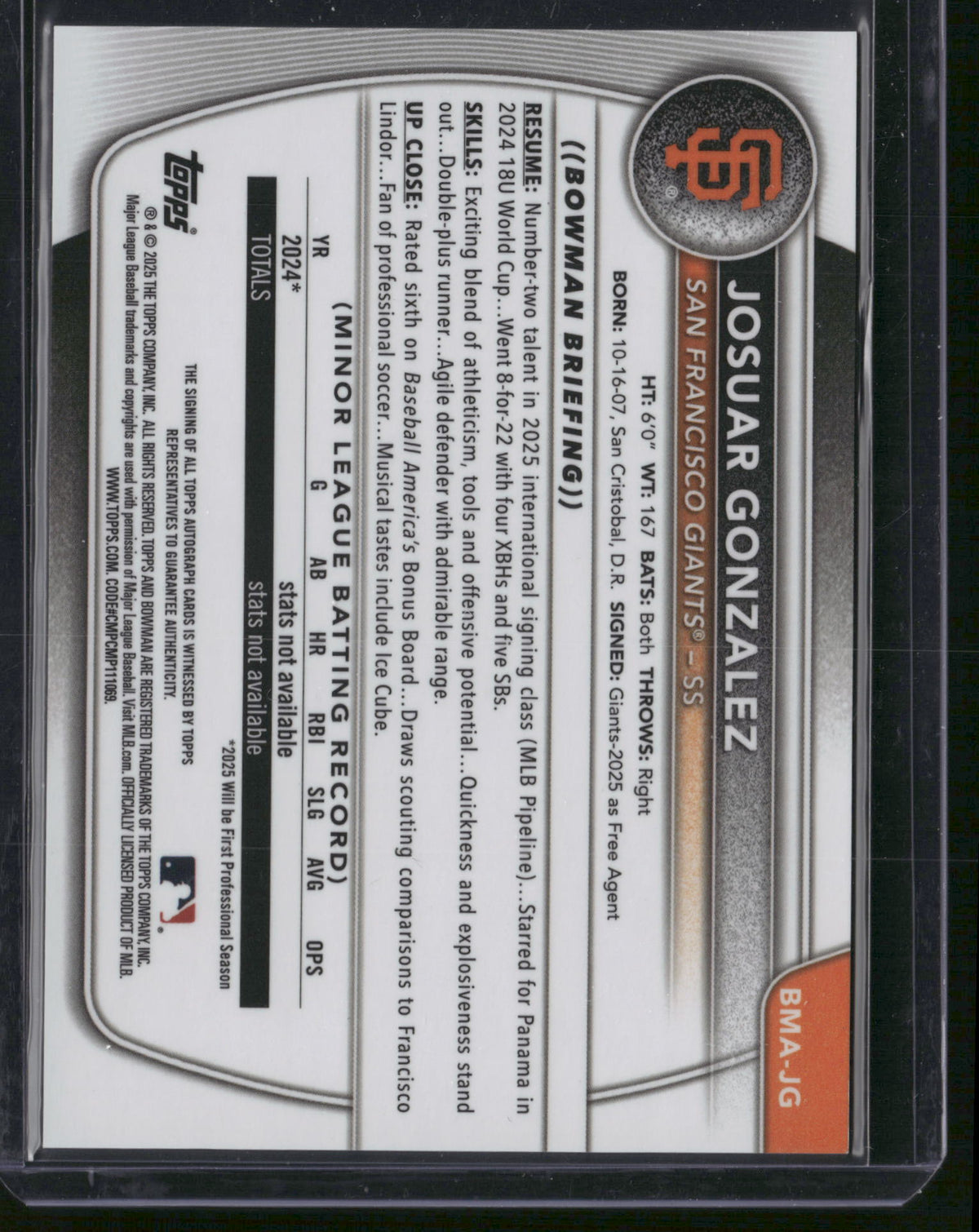 Josuar Gonzalez 2025 Bowman Chrome #BMA-JG Mojo Refractor /100