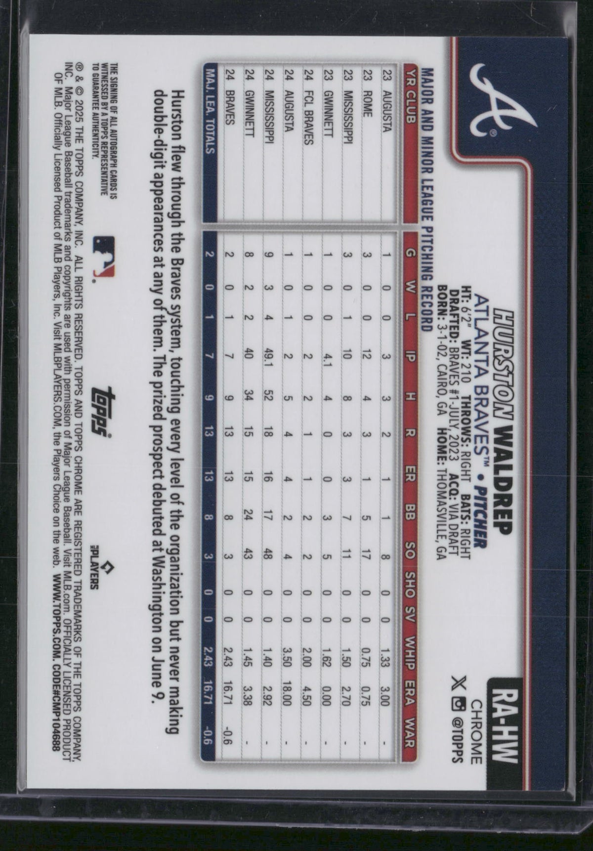 Hurston Waldrep 2025 Topps Chrome #RA-HW RC