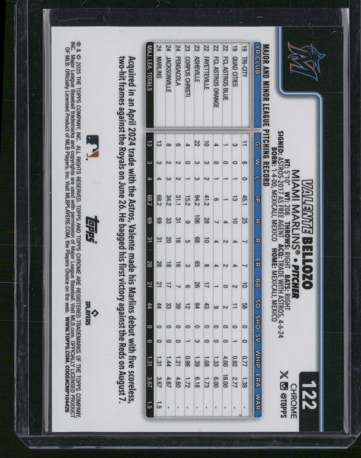 Valente Bellozo 2025 Topps Chrome #122 /10 RC