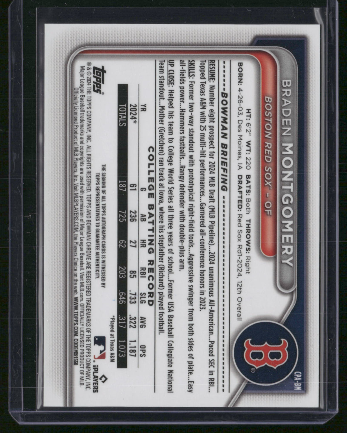 Braden Montgomery 2024 Bowman Chrome #CPA-BM Blue Mojo Refractor