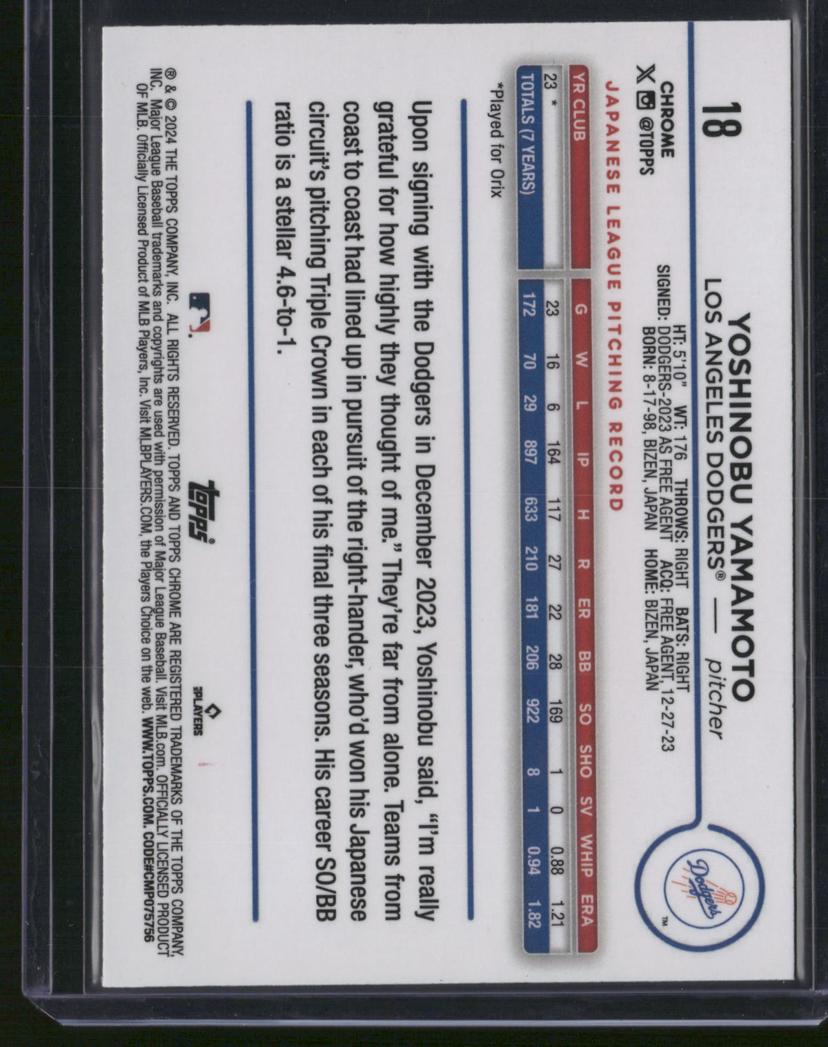 Yoshinobu Yamamoto 2024 Topps Chrome #18 RC
