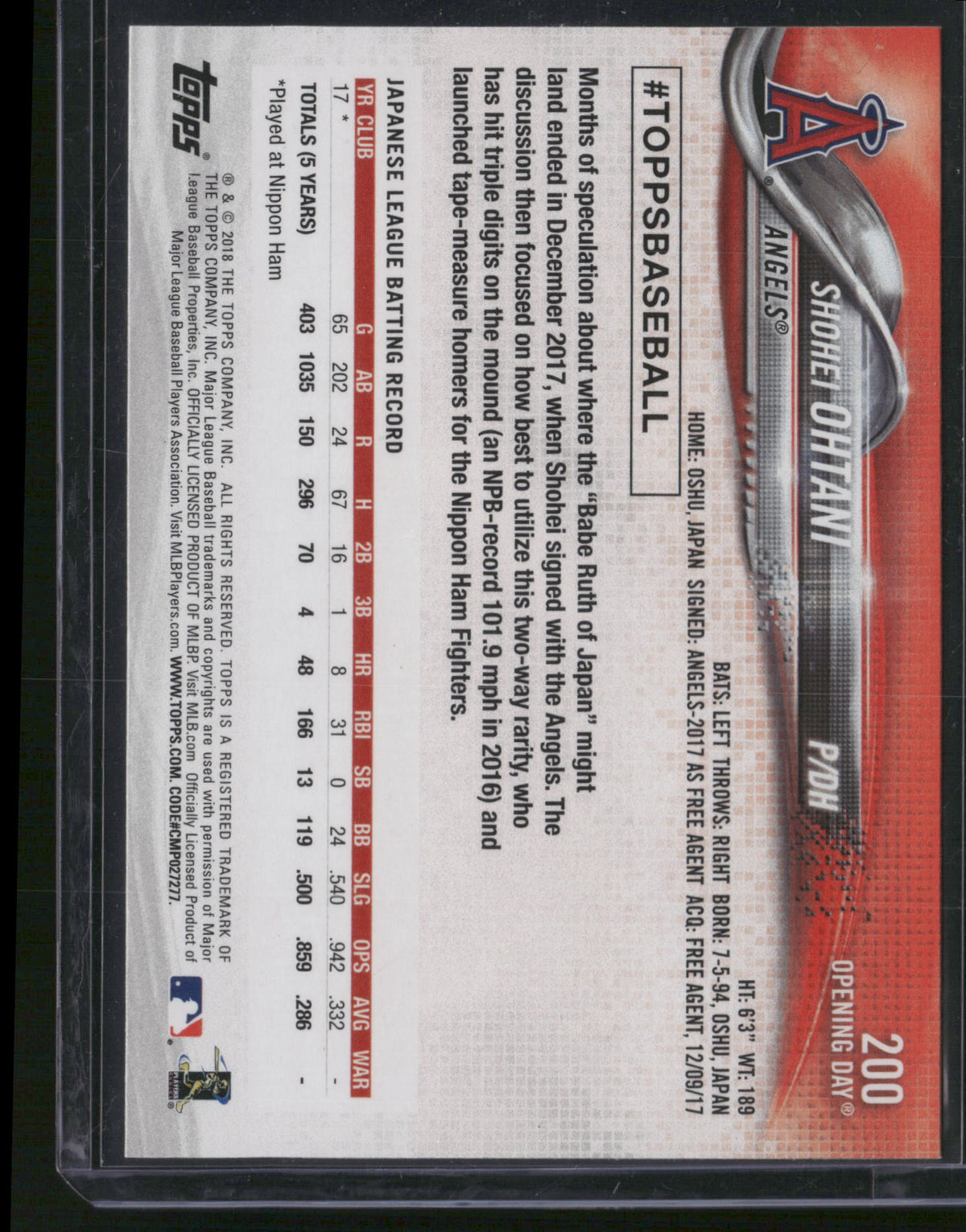 Shohei Ohtani 2018 Topps Opening Day #200 RC