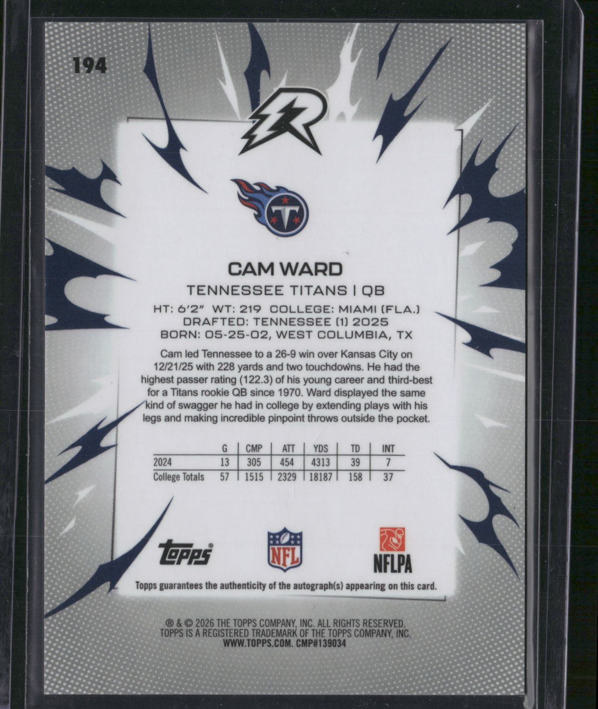 Cam Ward 2026 Topps Rip #194 Purple RC