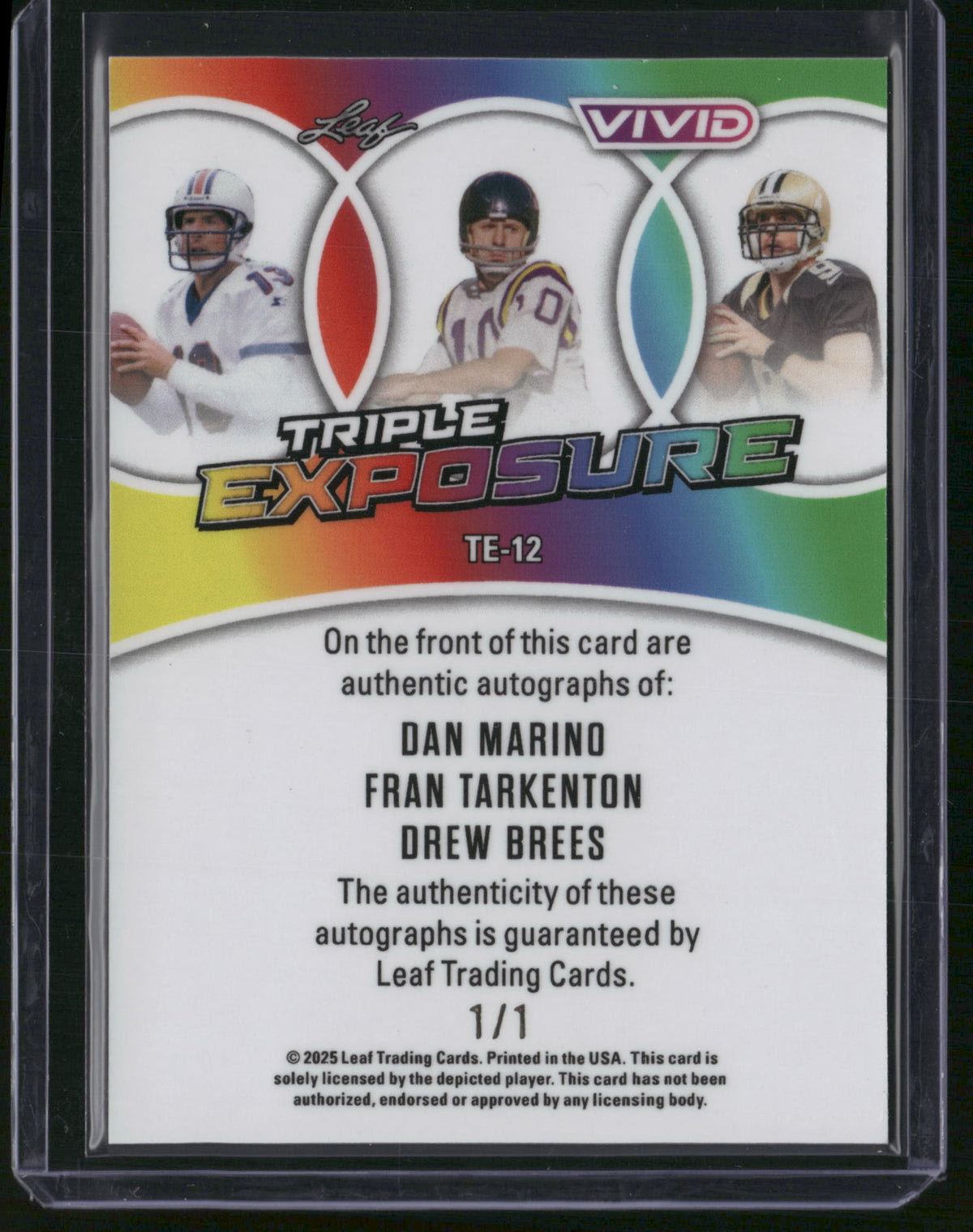Fran Tarkenton Dan Marino Drew Brees 2025 Leaf Vivid #TE-12 1/1 Triple Auto