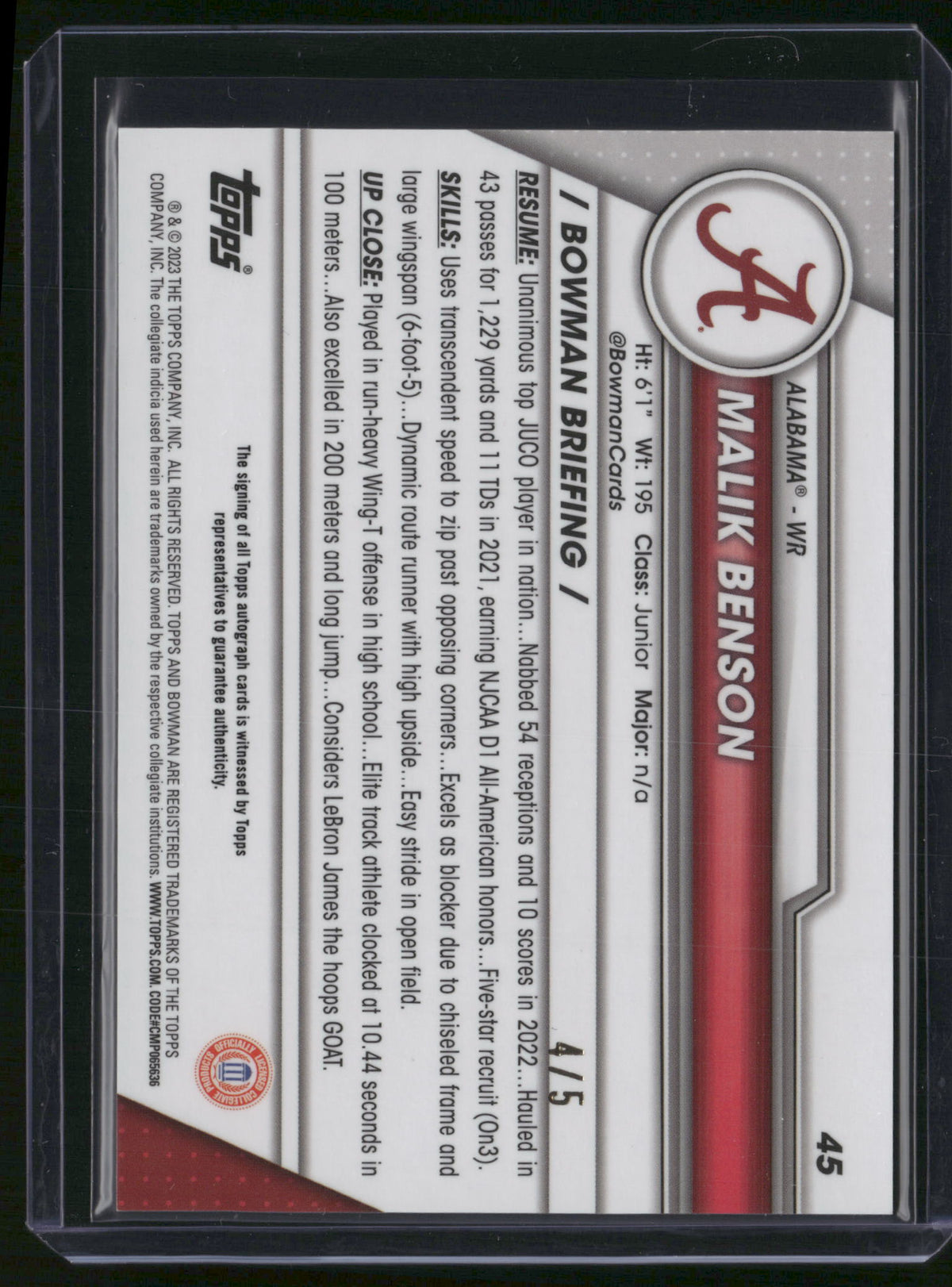 Malik Benson 2023 Bowman Chrome University #45 Red Refractor /5