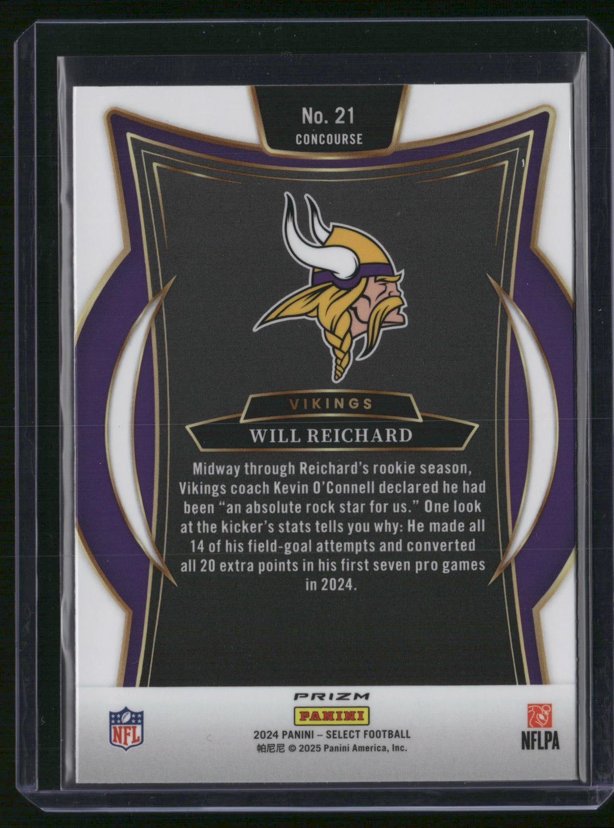 Will Reichard 2025 Panini Select Football #21 Zebra Prizm RC