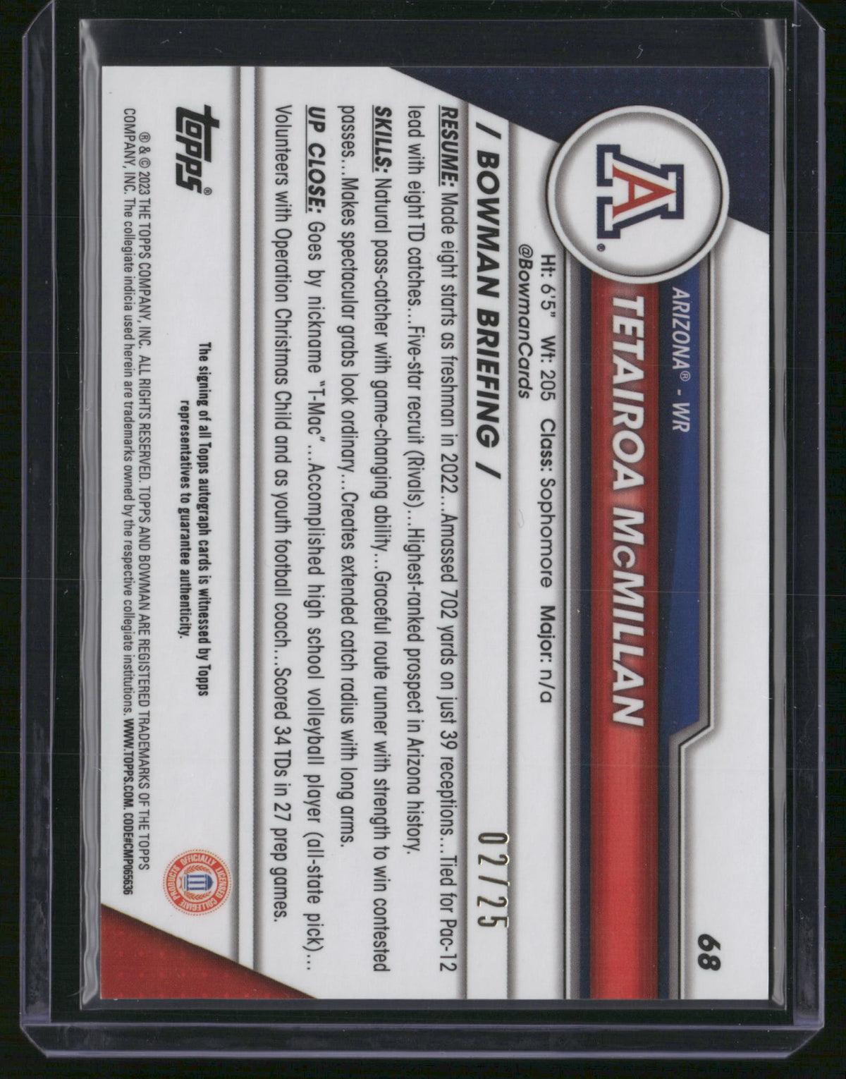Tetairoa McMillan 2023 Bowman Chrome Bowman U #68 Orange Refractor /25