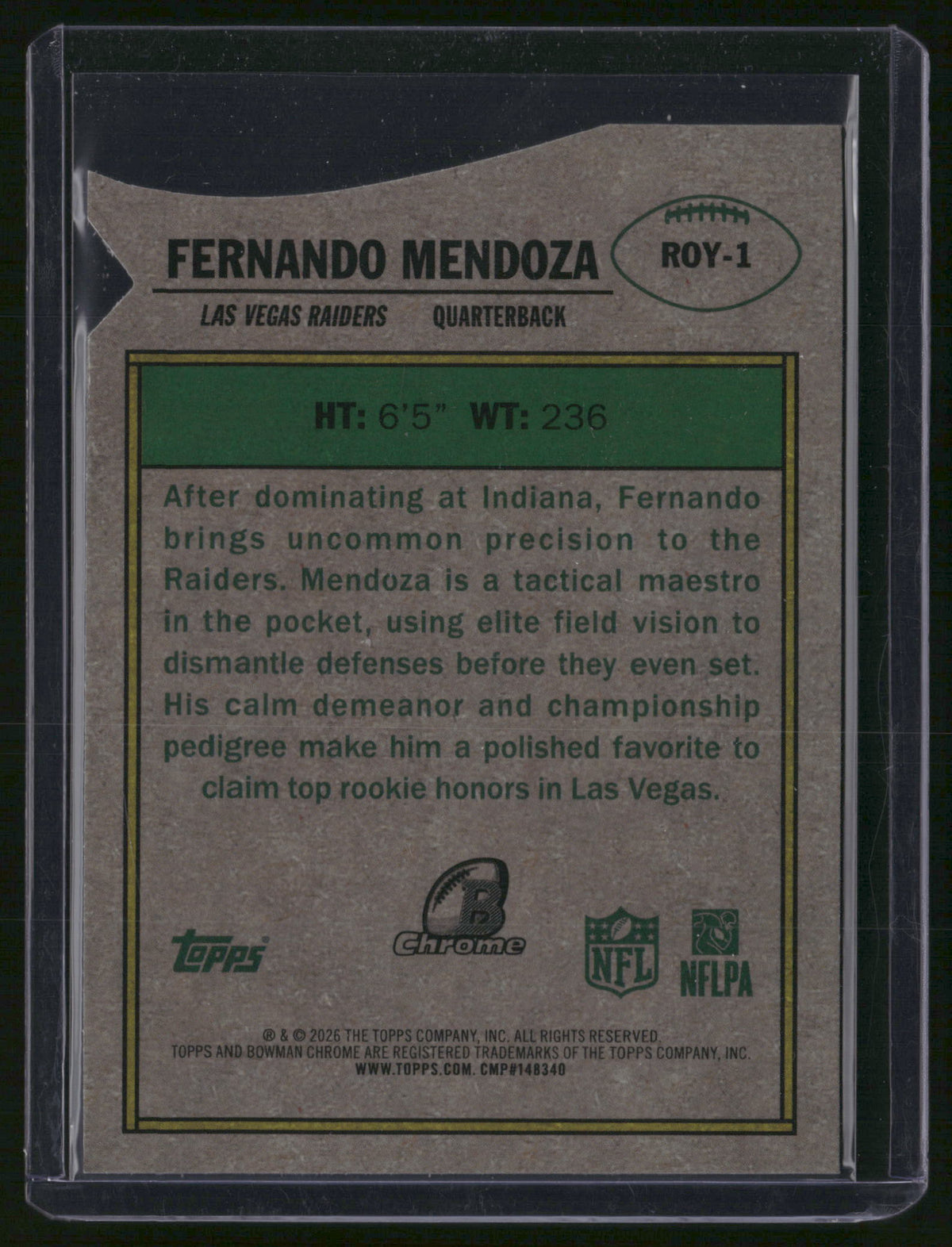 Fernando Mendoza 2026 Bowman Chrome #ROY-1 Aqua /199 RC
