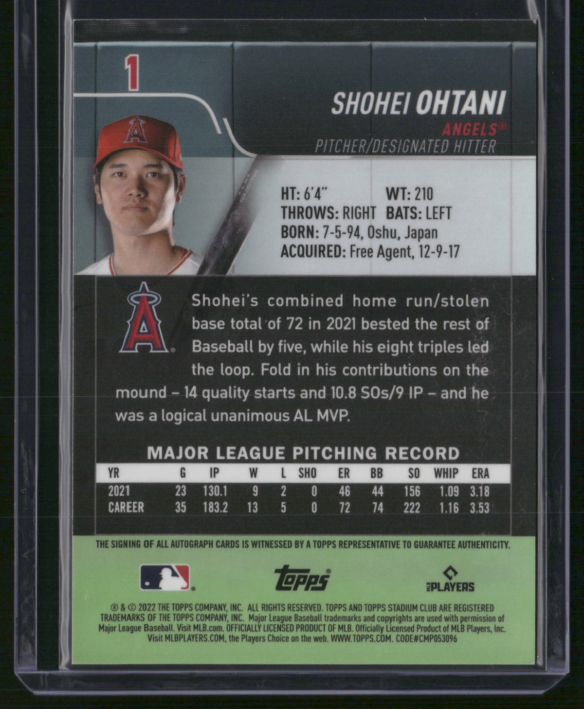 Shohei Ohtani 2022 Topps Stadium Club Chrome #1 Image Variation SSP