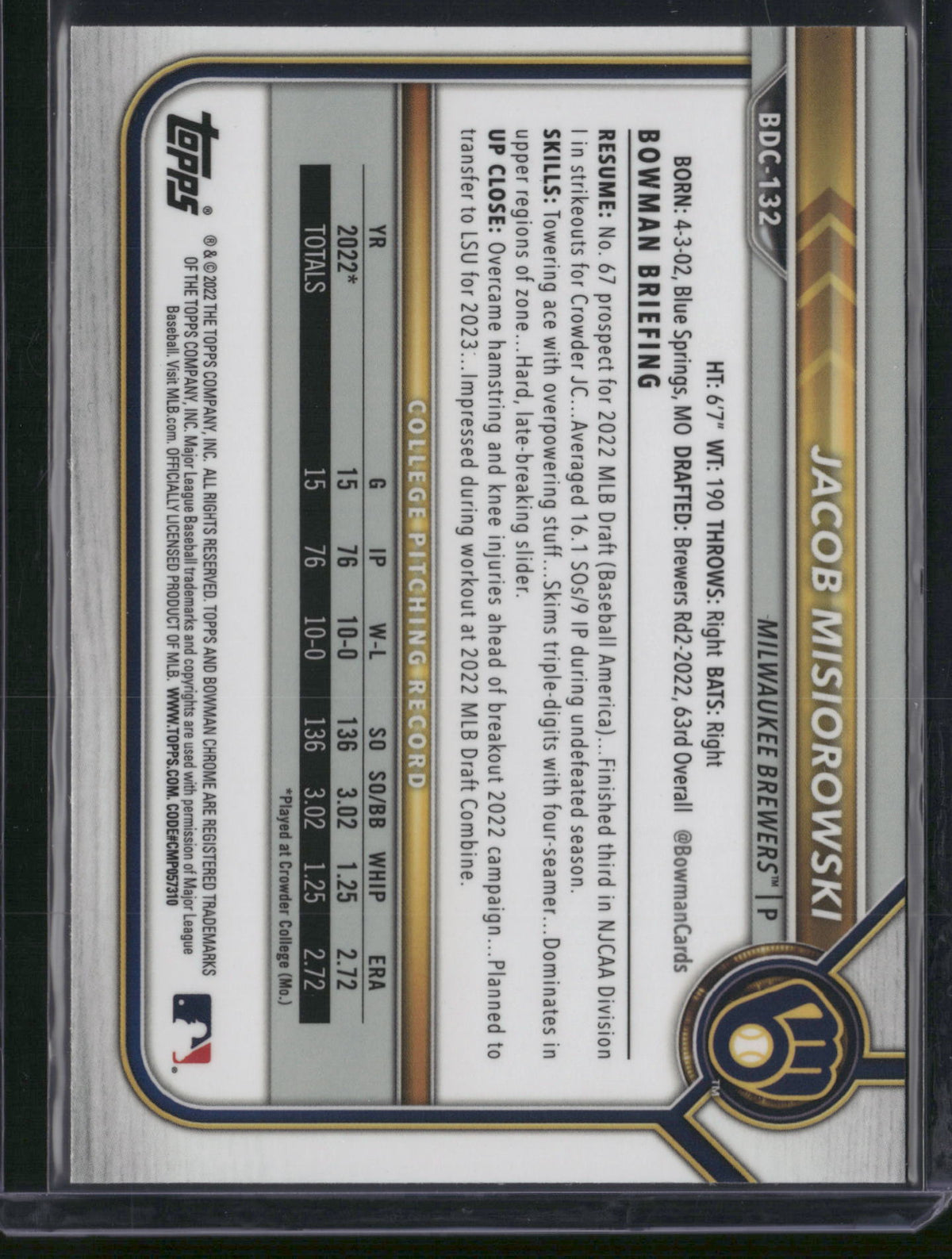 Jacob Misiorowski 2022 Bowman Draft #BDC-132 Black White RayWave Refractor 1st