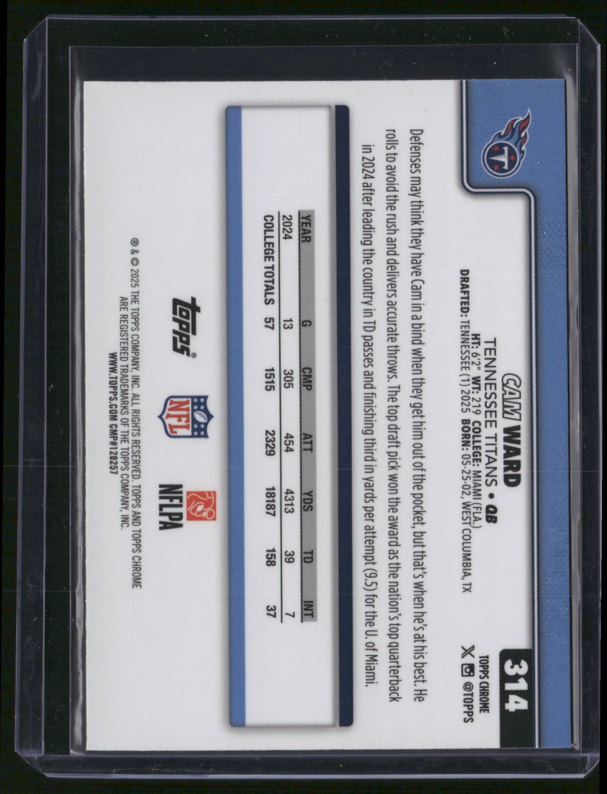 Cam Ward 2025 Topps Chrome #314 Purple Wave Refractor /75 RC