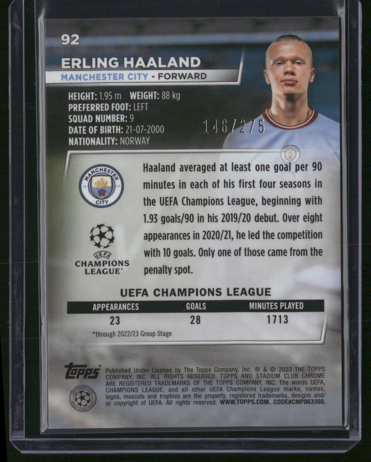 Erling Haaland 2022-23 Topps Stadium Club Chrome #92 Aqua Wave Refractor /275