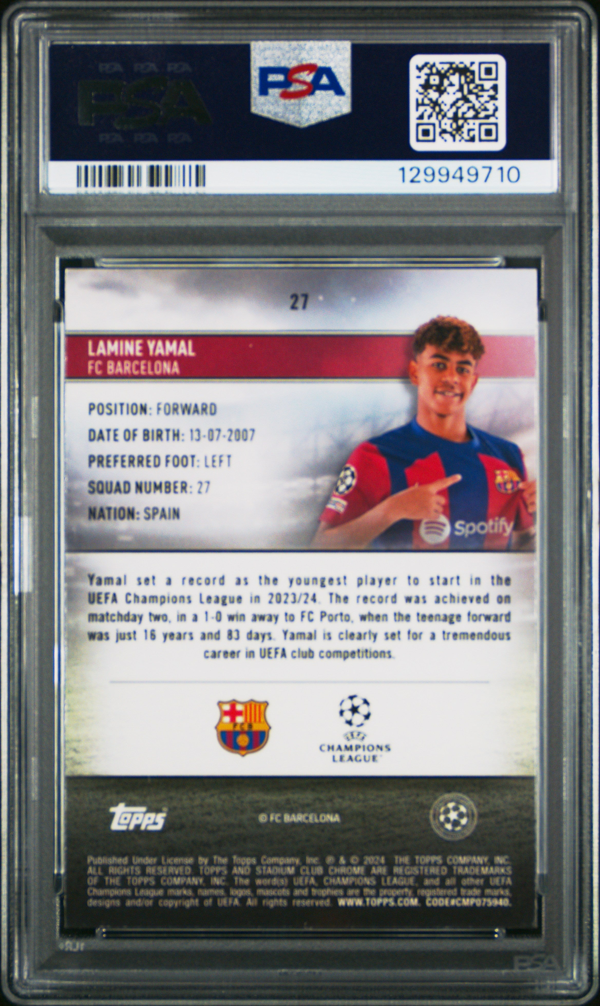 Lamine Yamal 2023-24 Topps Stadium Club Chrome UEFA Club Competitions #27 PSA 10