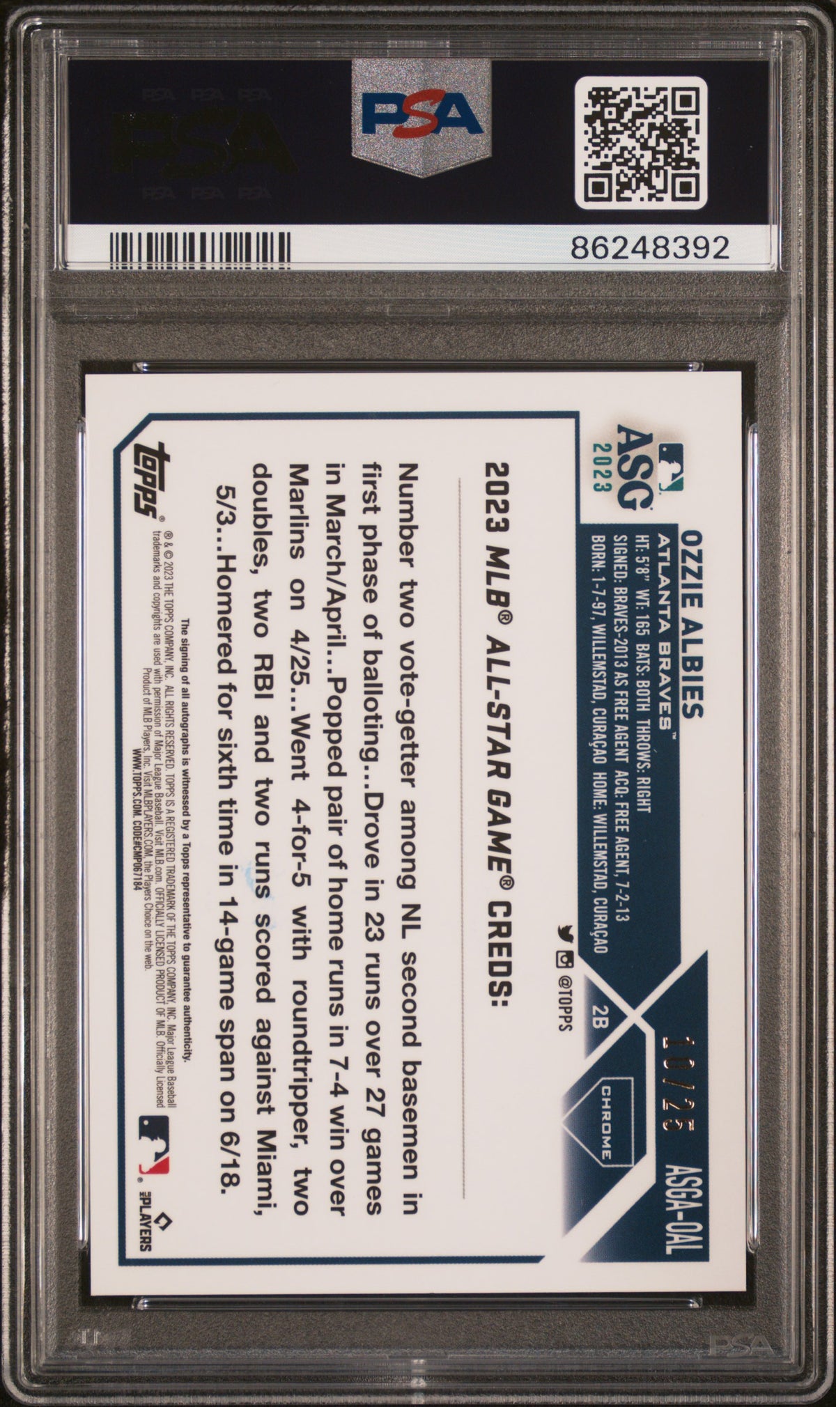 Ozzie Albies 2023 Topps Chrome Update 2023 All-Star Game Autograph #OAL Asg Orange Ref PSA 9