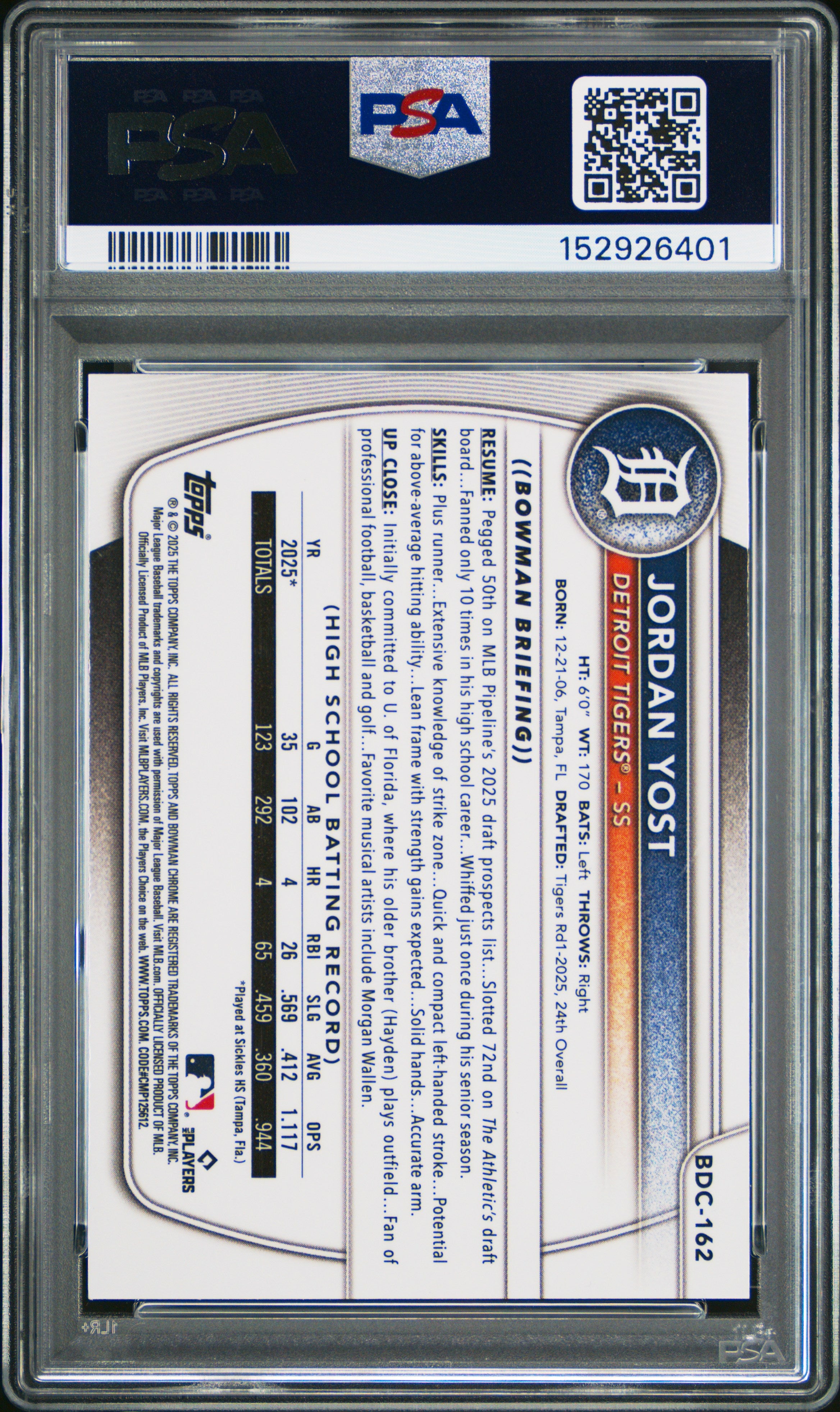 Jordan Yost 2025 Bowman Draft #BDC-162 Chrome 1st Blue Refractor PSA 9