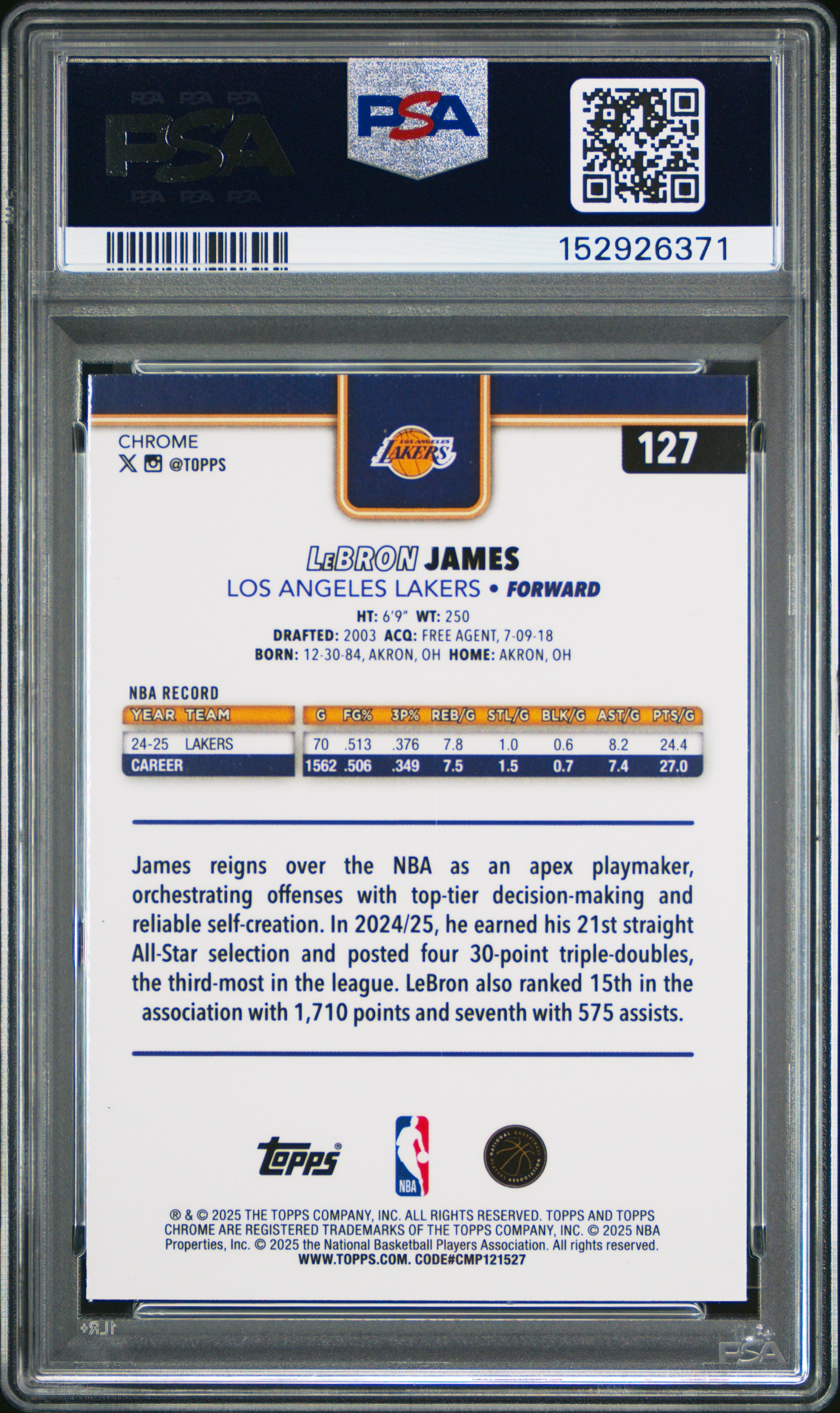 LeBron James 2025 Topps Chrome #127 Yellow Raywave /275 PSA 9 Lakers