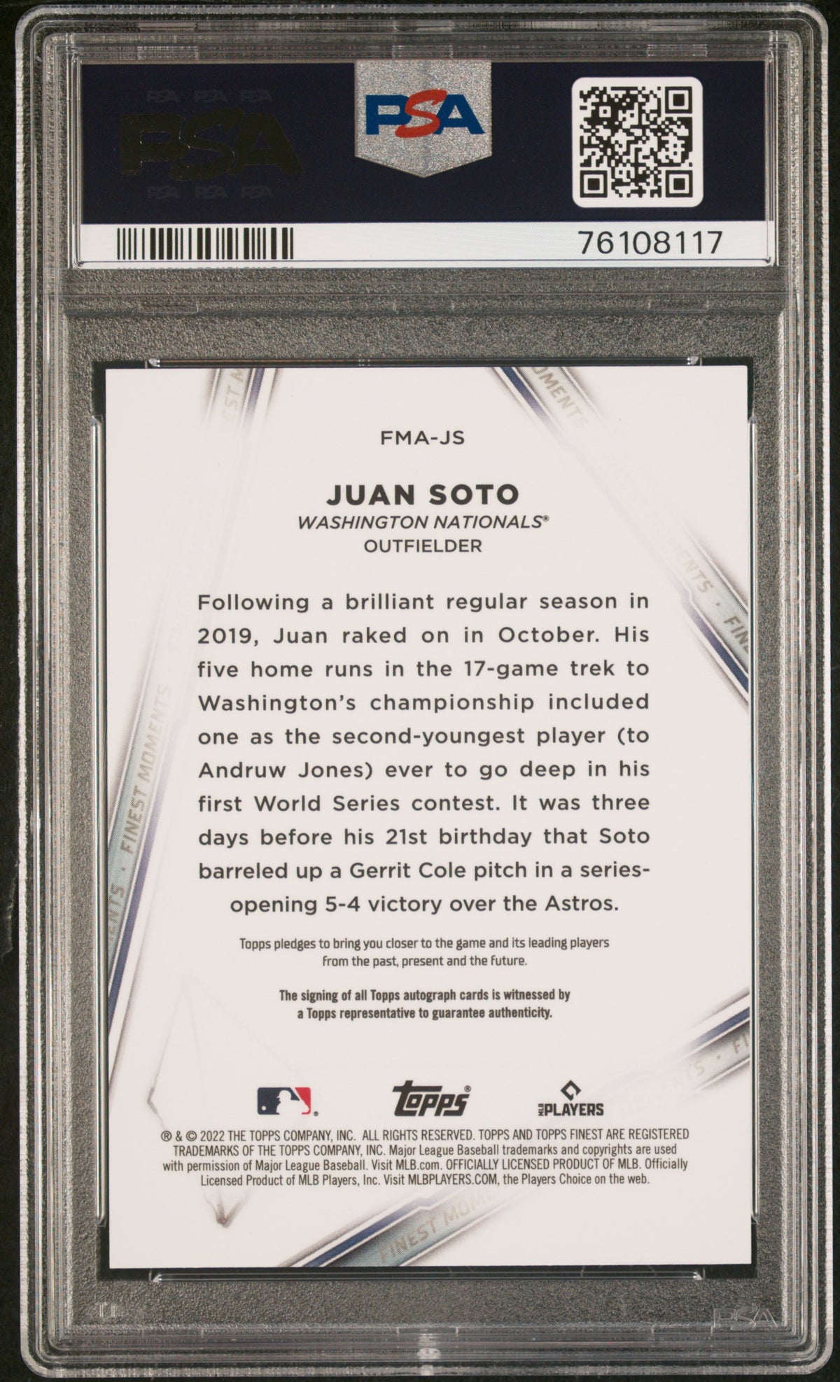 Juan Soto 2022 Topps Finest Finest Moments Autographs #FMAJS Fnst. Moments PSA 10