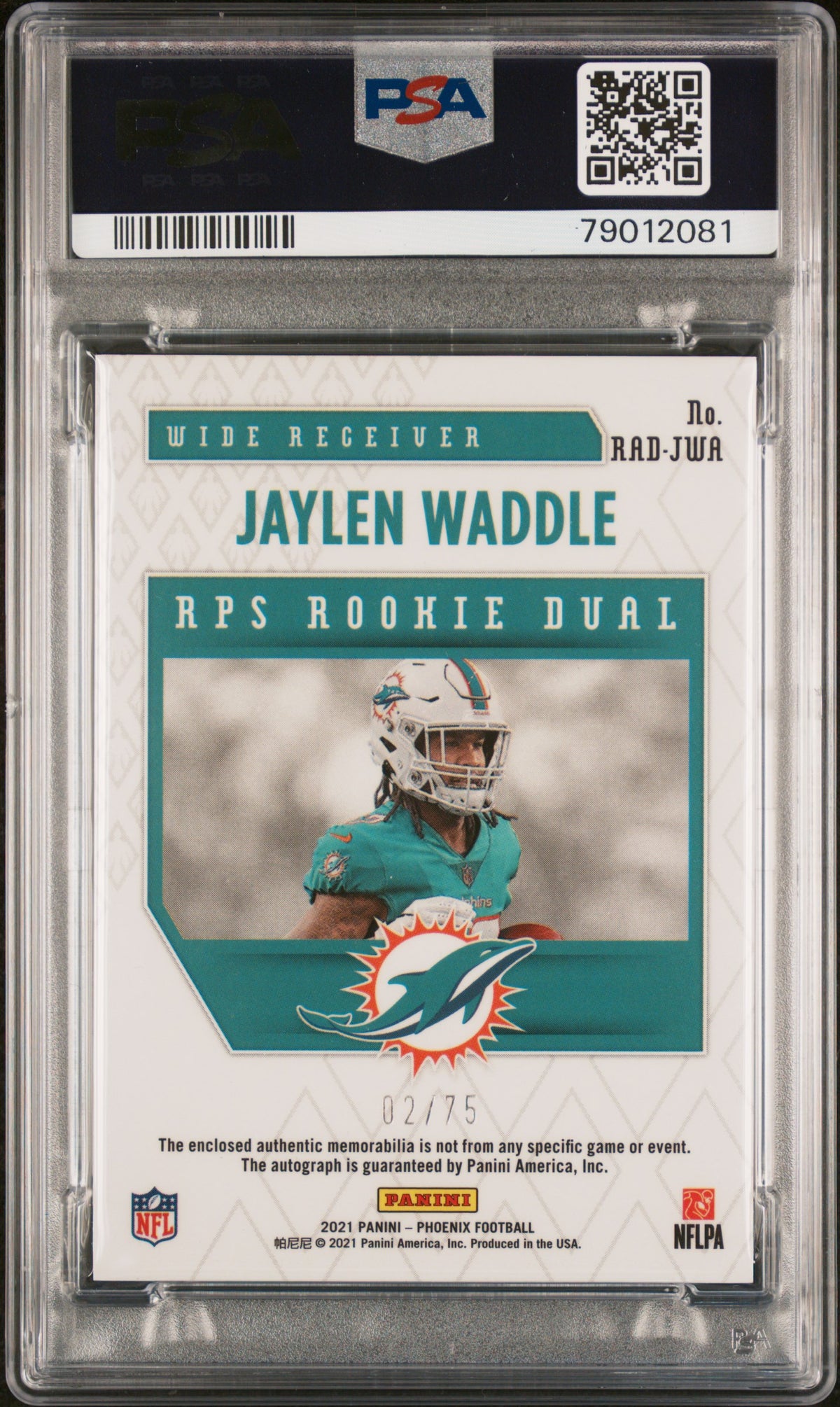 Jaylen Waddle 2021 Panini Phoenix RPS Rookie Auto Dual Jersey #JWA Jsy. PSA 10
