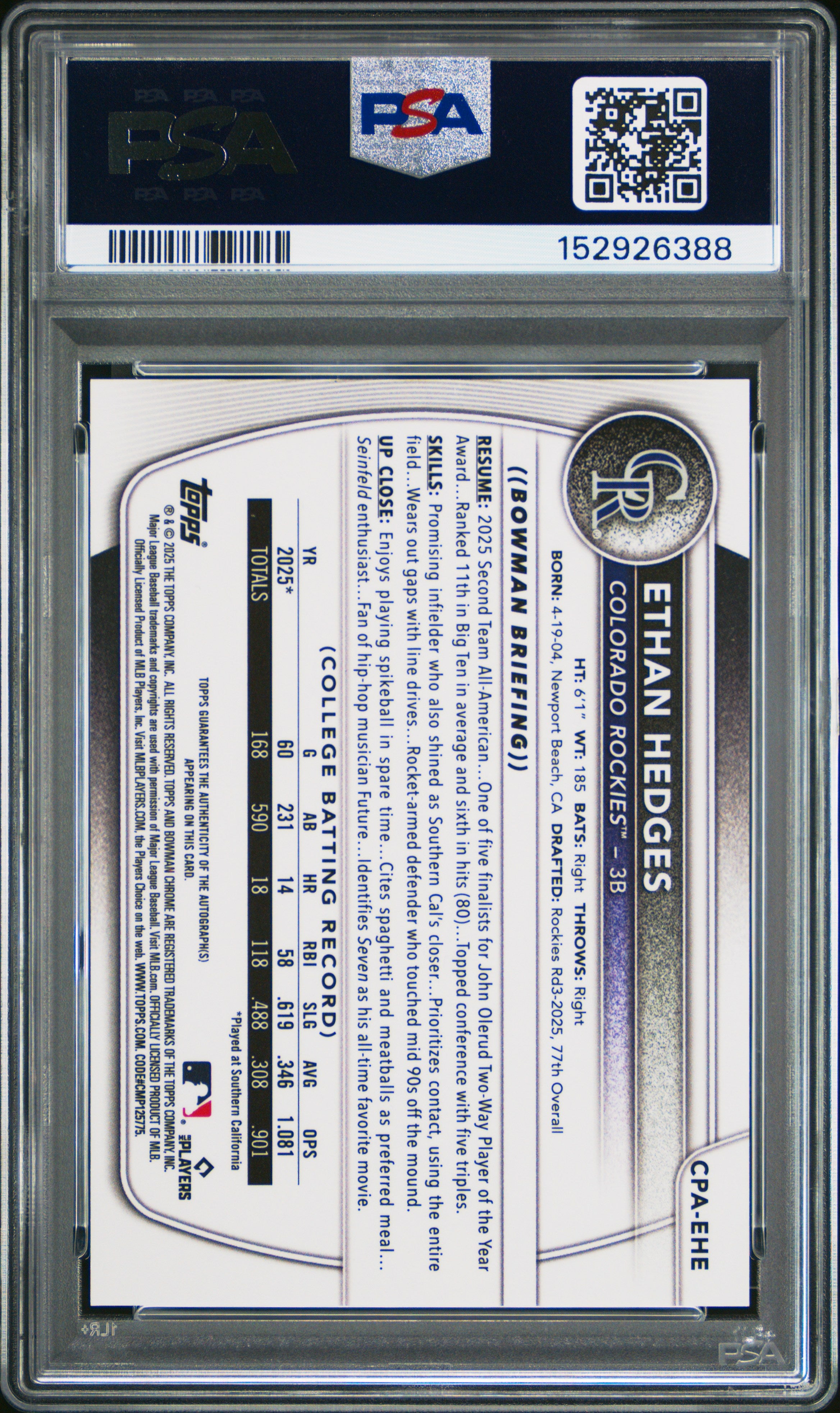 Ethan Hedges 2025 Bowman Draft Chrome Prospect 1st Auto #CPA-EHE PSA 10