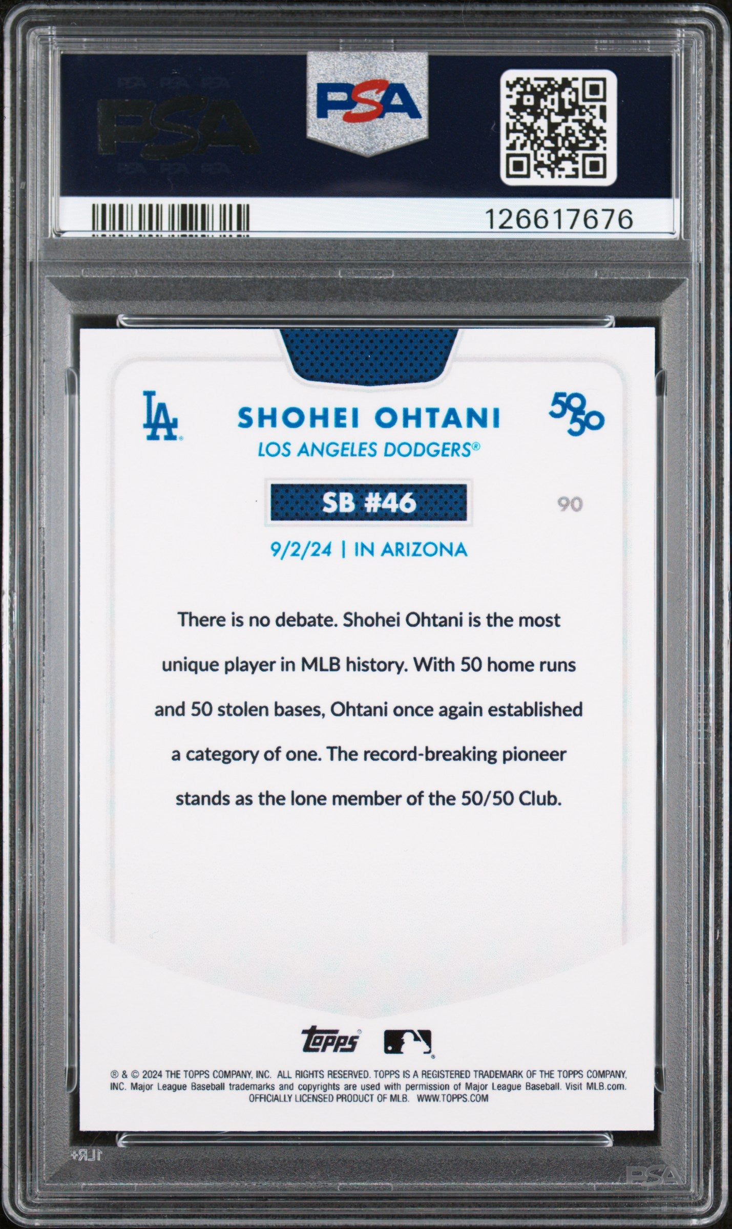 Shohei Ohtani 2024 Topps 50/50 Shohei Ohtani #90 Chrome Blue Refractor PSA 9