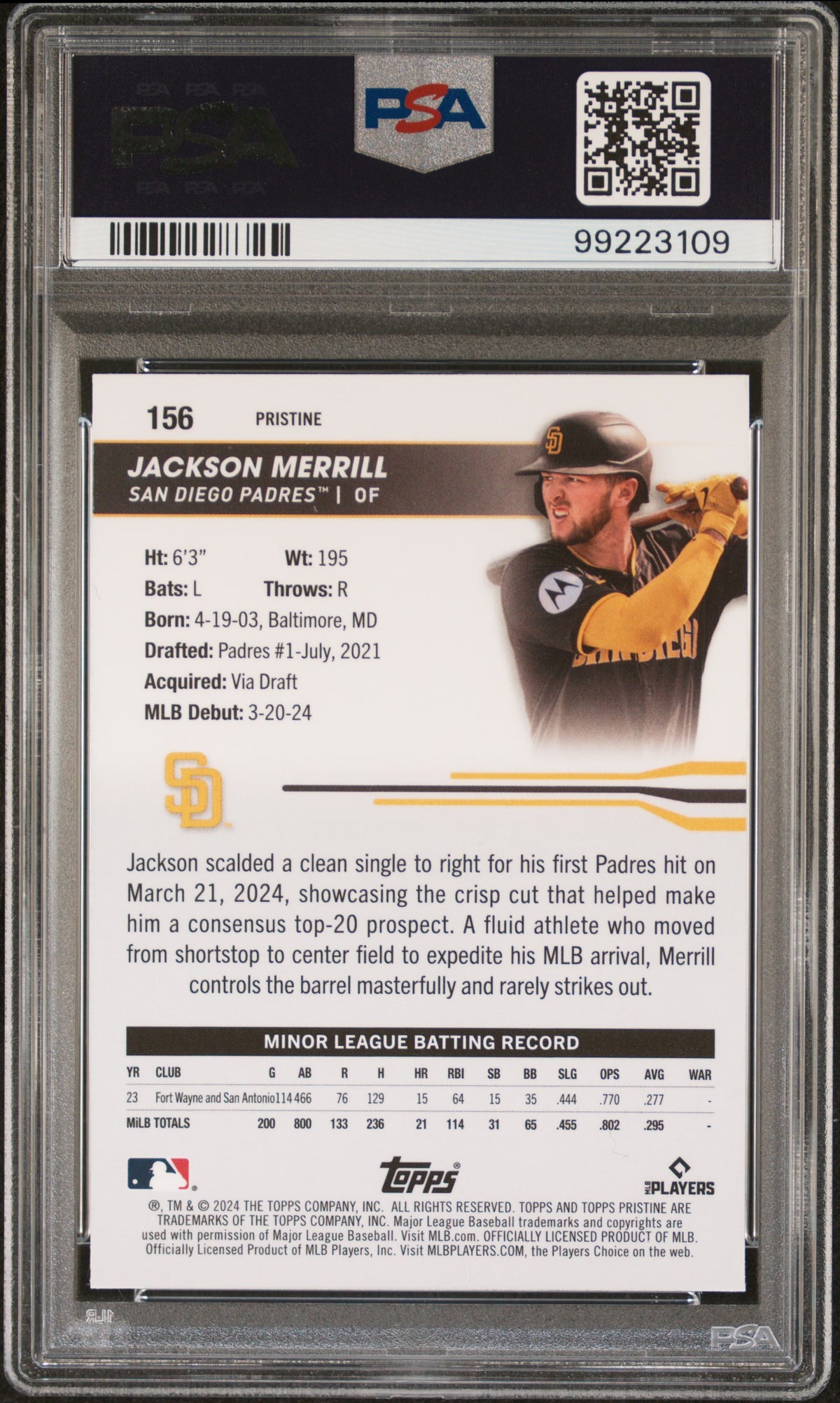 Jackson Merrill 2024 Topps Pristine #156 Orange /25 PSA 10