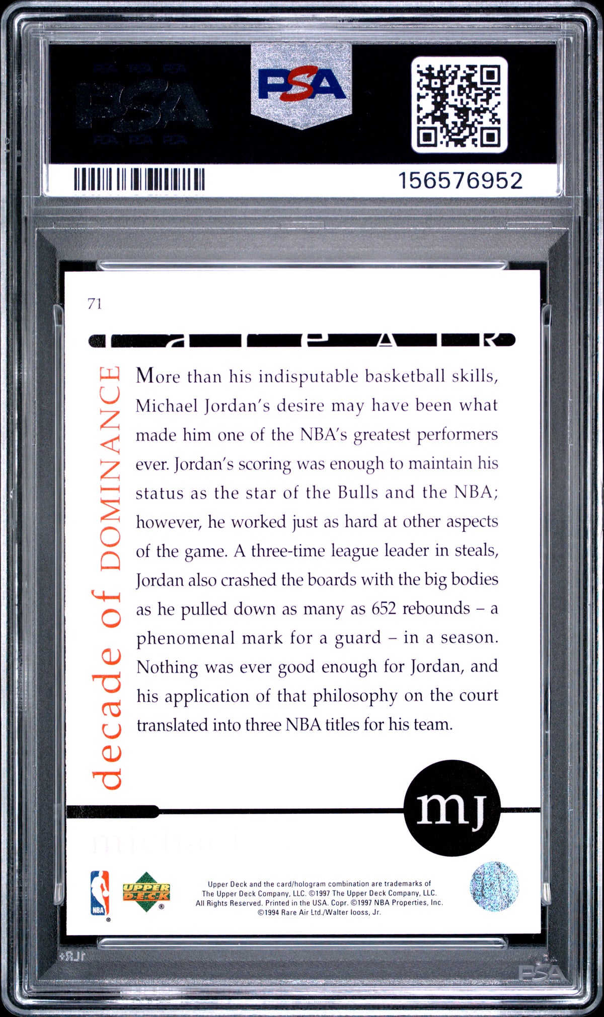 Michael Jordan 1997 Upper Deck MJ Rare Air #71 PSA 10
