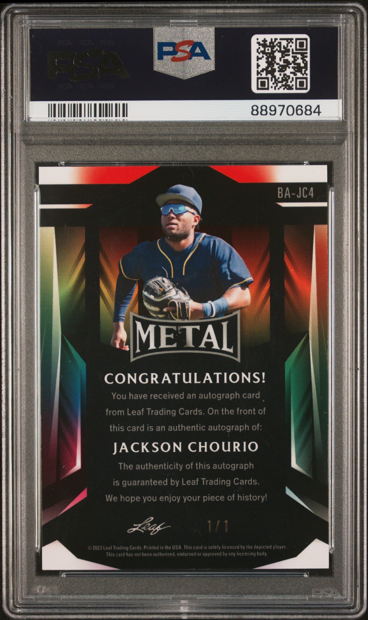 Jackson Chourio 2023 Leaf Metal Autographs #BAJC4 Red Crystal /1 PSA 9