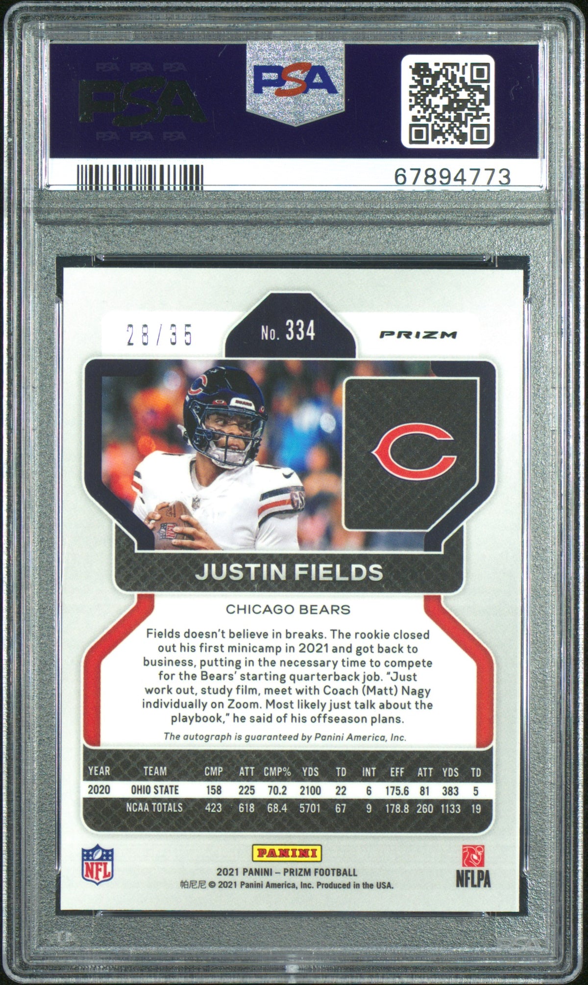 Justin Fields 2021 Panini Prizm #334 Autograph Red Shimmer PSA 10
