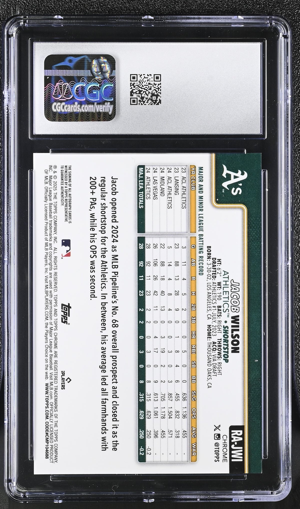 Jacob Wilson 2025 Topps Chrome #RA-JWI Blue RayWave Refractor /150 Rookie Autographs CGC 9.5 Auto 10