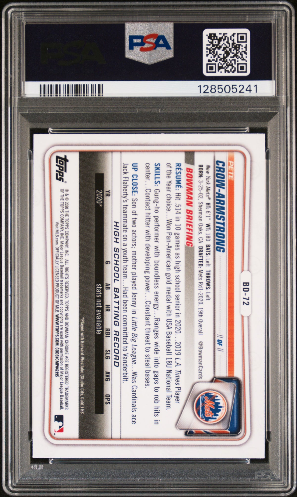 P. Crow-Armstrong 2020 Bowman Draft #BD72 Chrome PSA 10