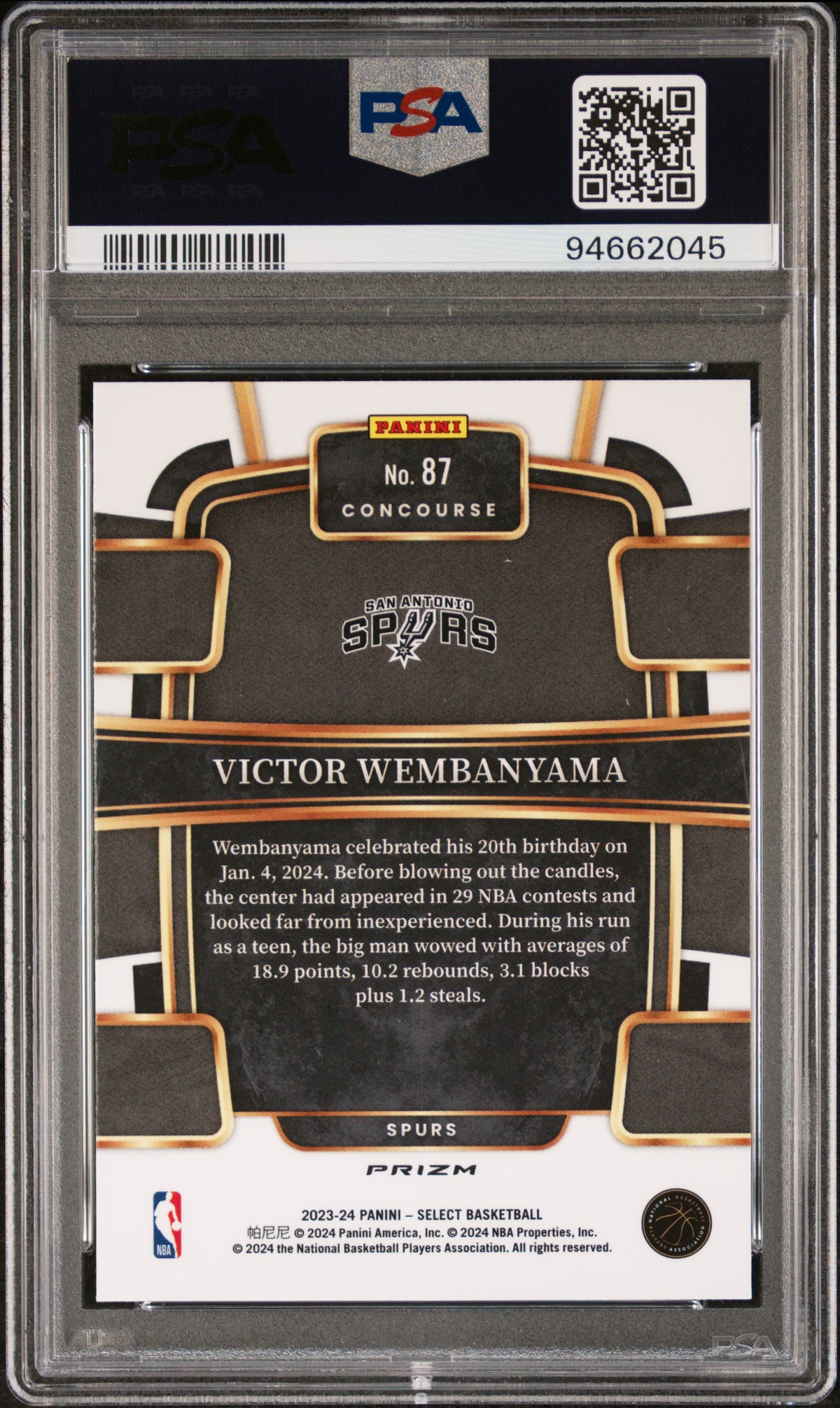 Victor Wembanyama 2023 Panini Select #87 Blue Prizm PSA 10