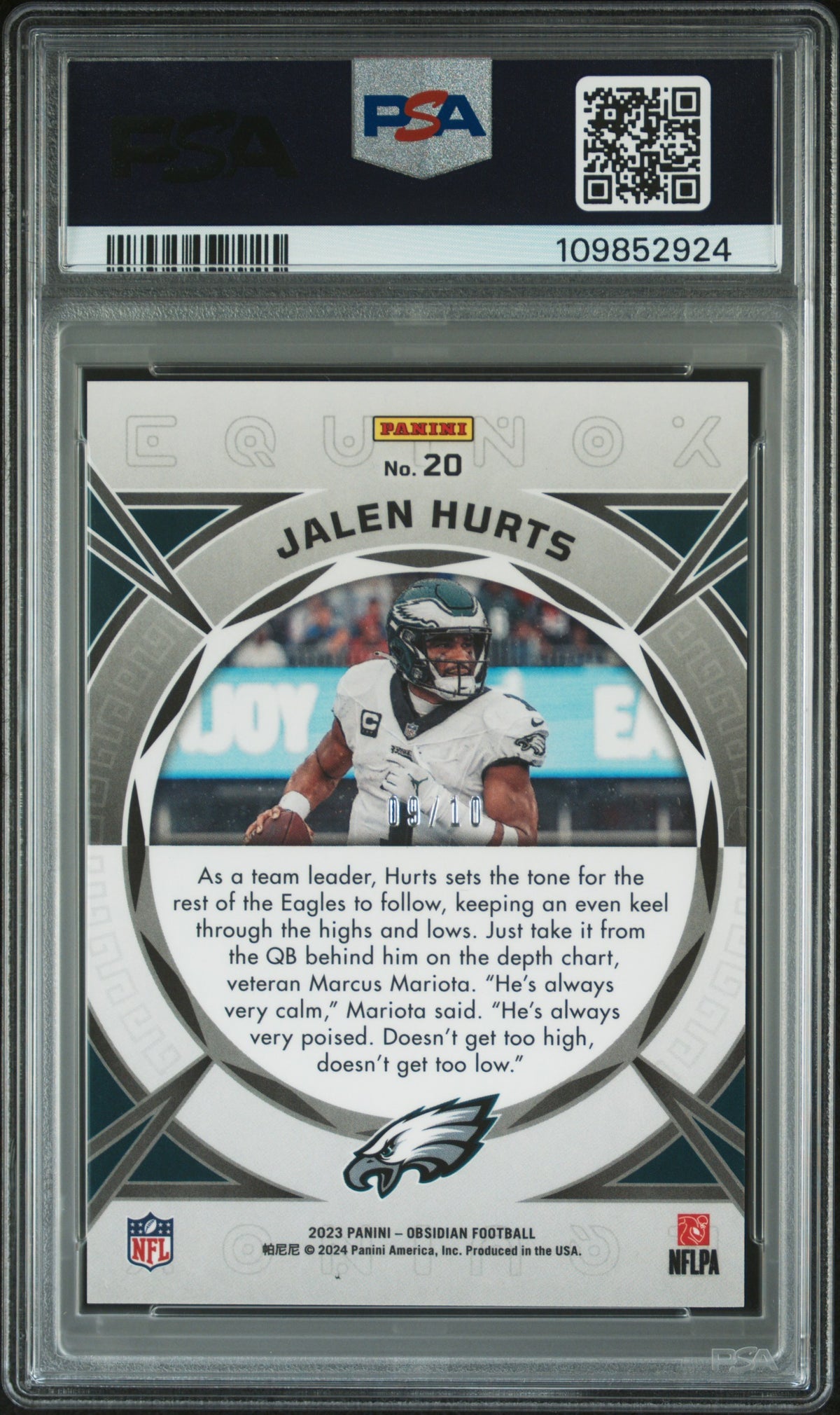 Jalen Hurts 2023 Panini Obsidian Equinox #20 Ee Asia Gold Flood PSA 10