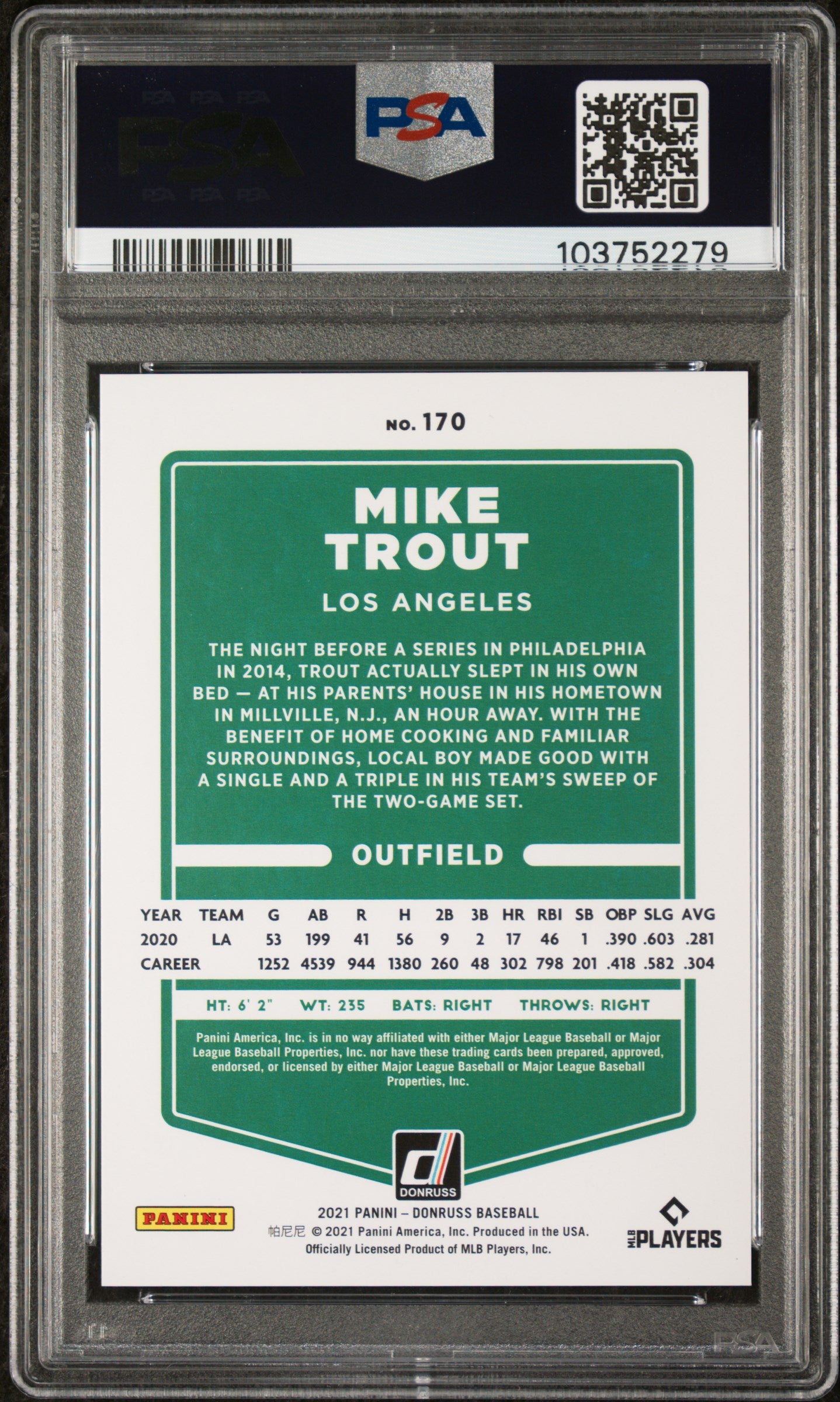 Mike Trout 2021 Panini Donruss #170 Season Stat Line PSA 9