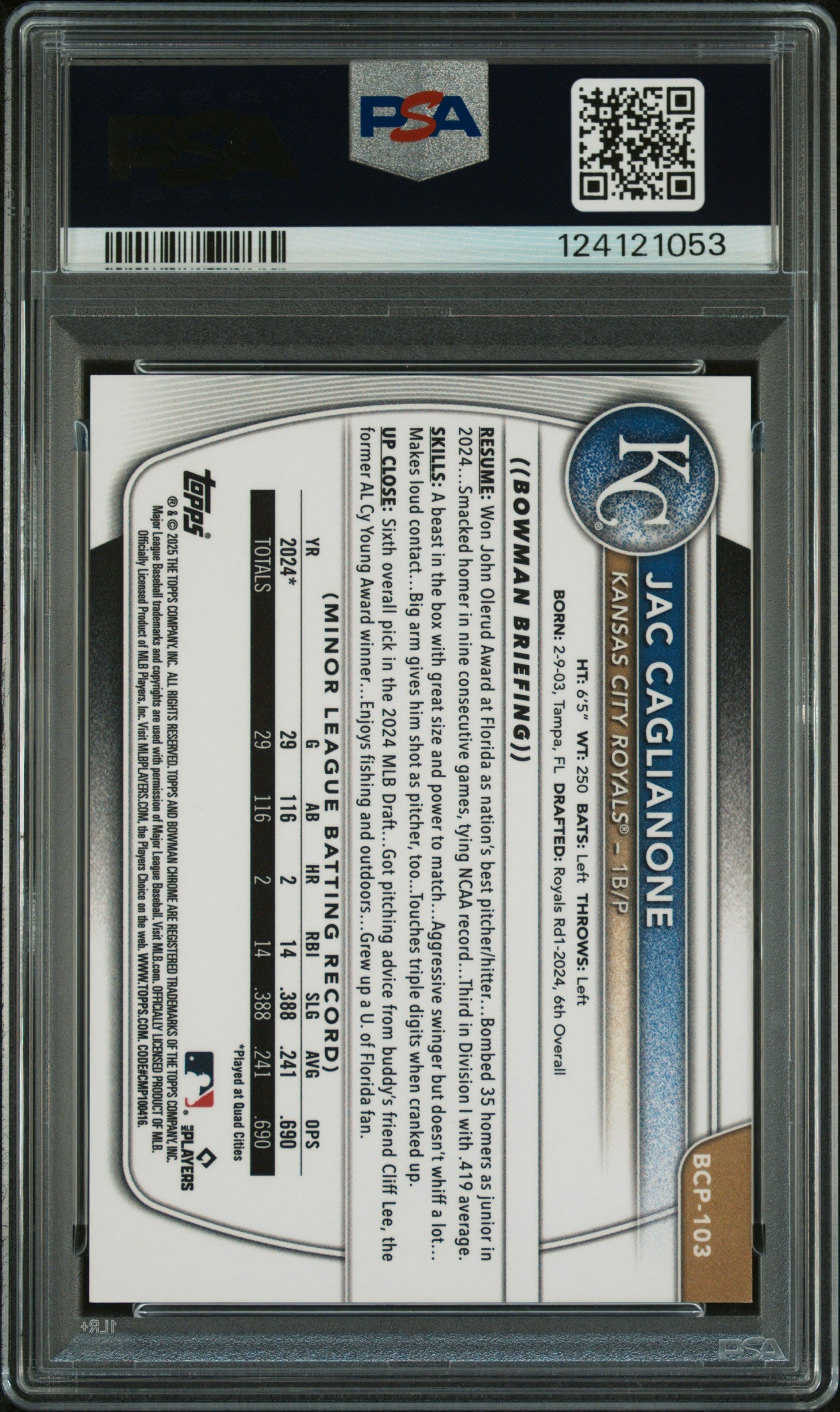Jac Caglianone 2025 Bowman Chrome Prospects #BCP103 Black Geometric /10 PSA 9