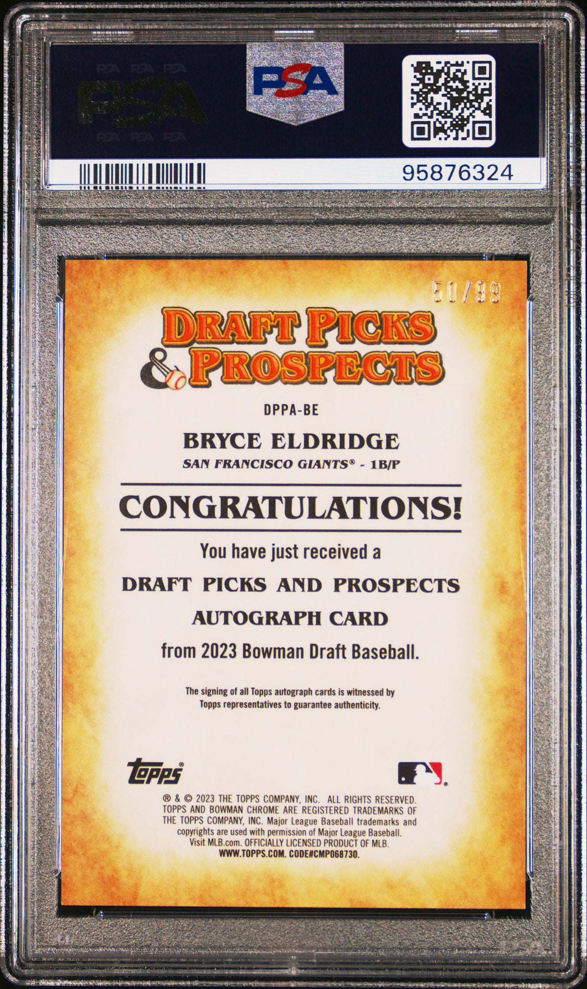 Bryce Eldridge 2023 Bowman Draft Picks & Prospects Auto /99 #DPPABE PSA 10 RC