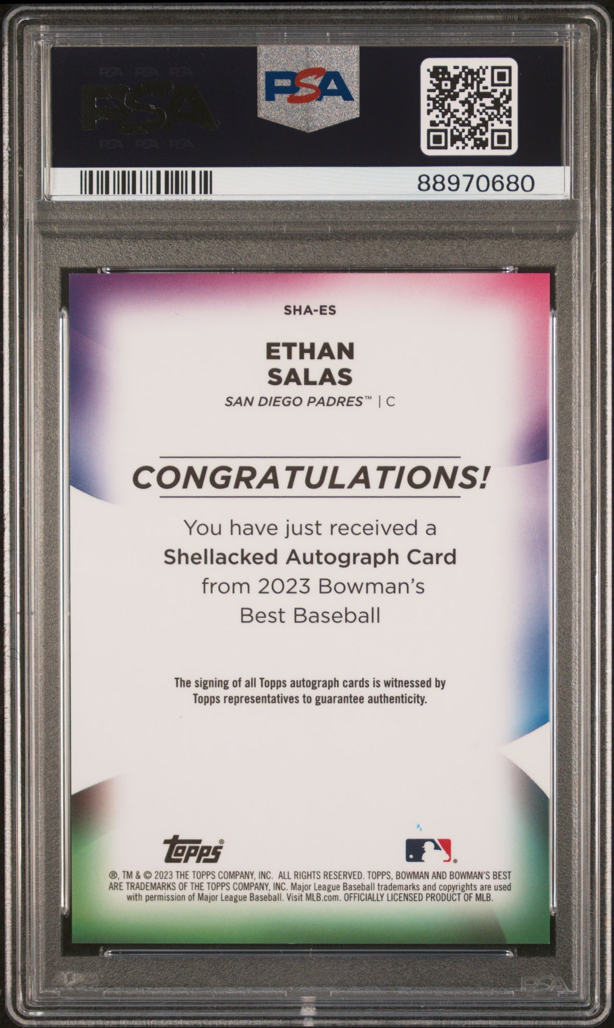 Ethan Salas 2023 Bowman's Best Shellacked Autographs #SHAES Mini Dia Ref /25 PSA 9