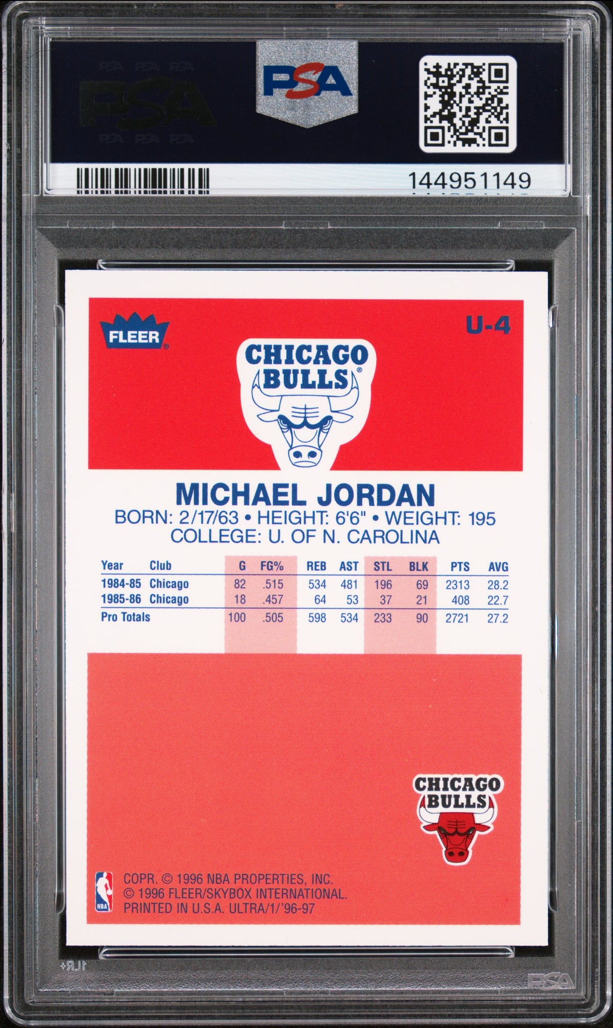 Michael Jordan 1996 Ultra Decade Of Excellence #U-4 PSA 9