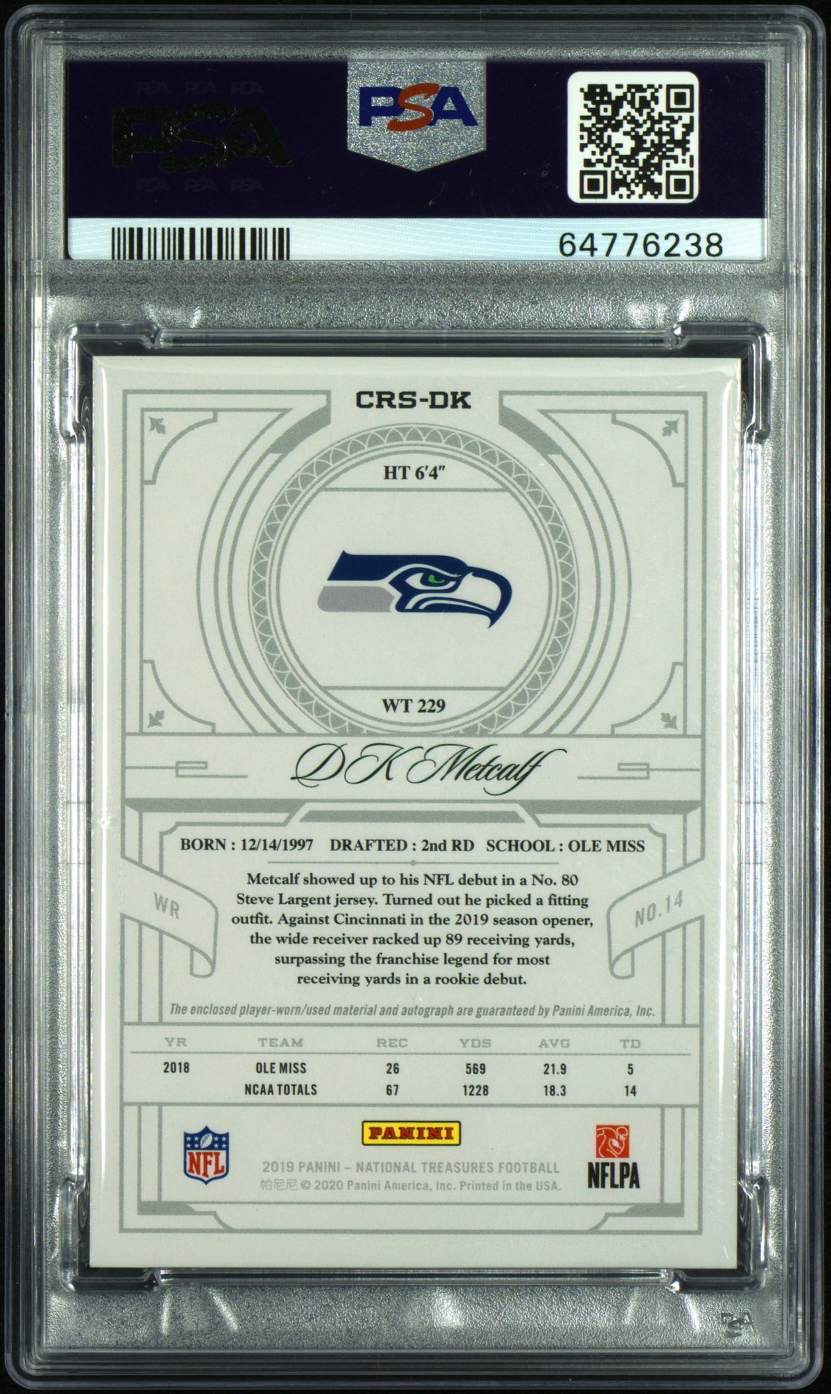 DK Metcalf 2019 Panini National Treasures Crossover Rookie Patch Autographs #CRSDK RKE. Patch Autograph /99 PSA 8