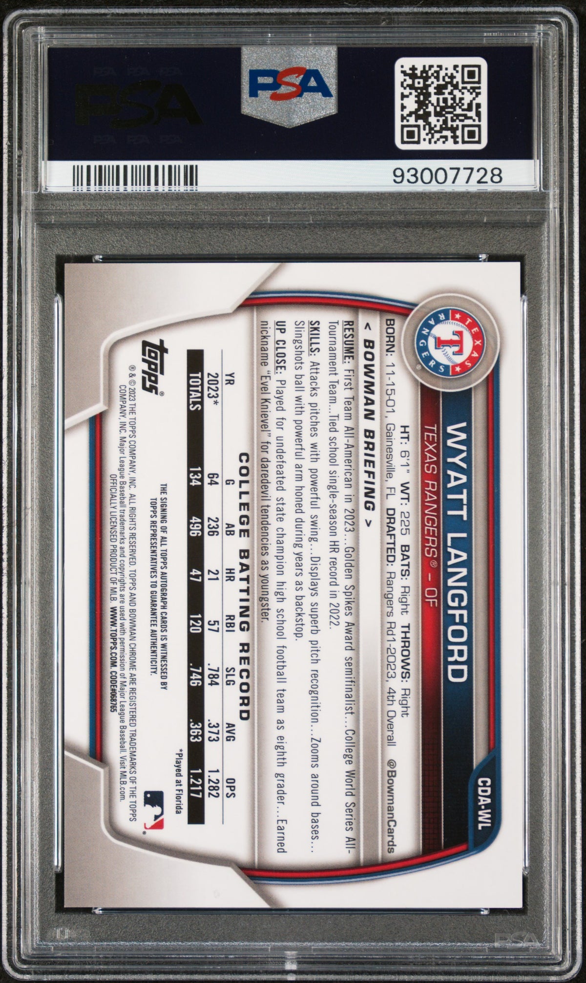 Wyatt Langford 2023 Bowman Draft Chrome Prospect Autograph #CDAWL PSA 9