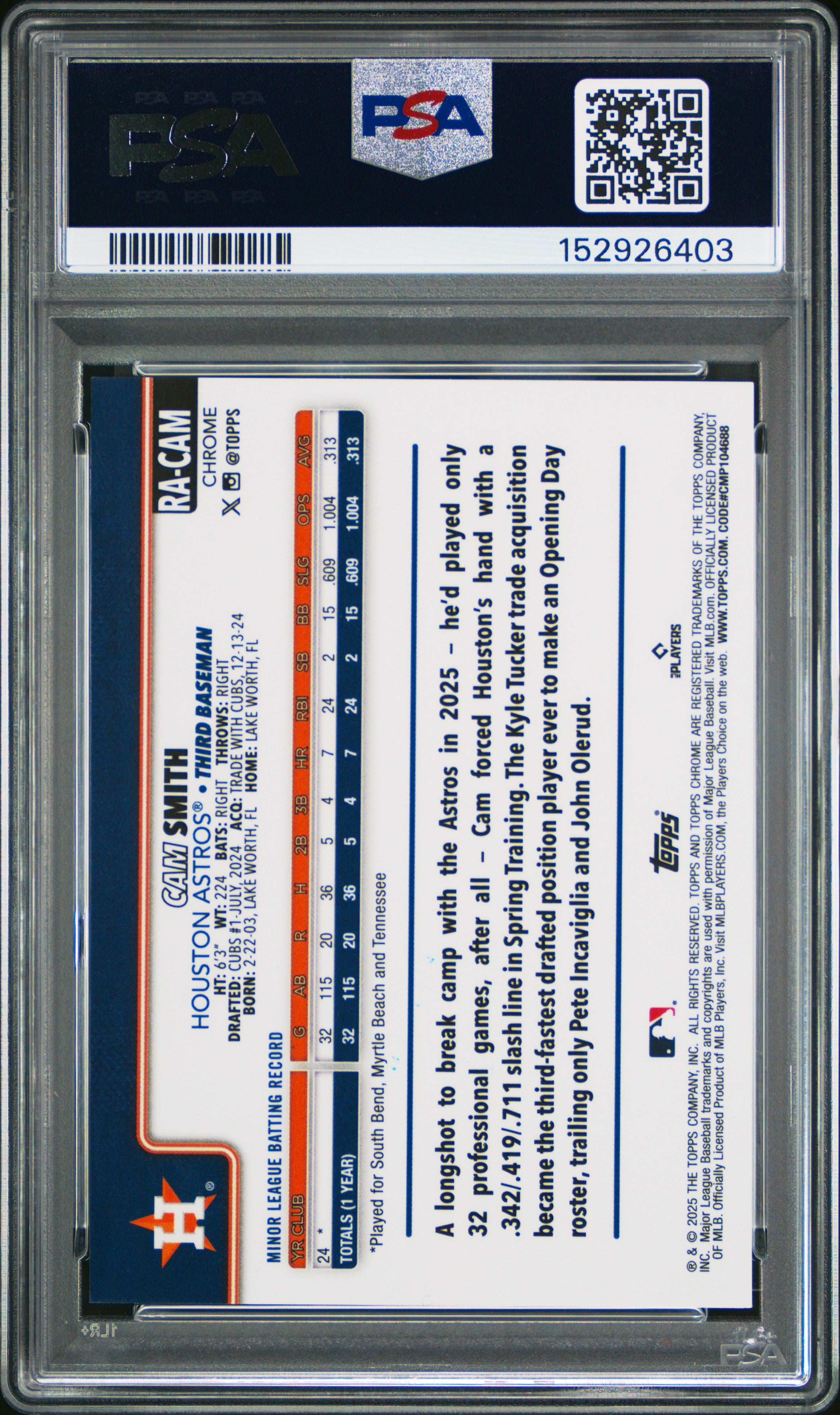 Cam Smith 2025 Topps Chrome Rookie Auto #RACAM PSA 10